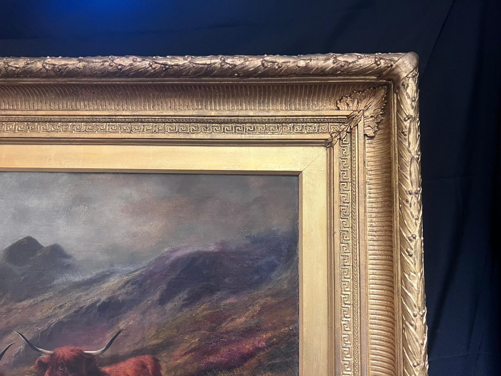 Huge Victorian Scottish Oil Painting Highland Cattle Brooding Scottish Landscape For Sale 2