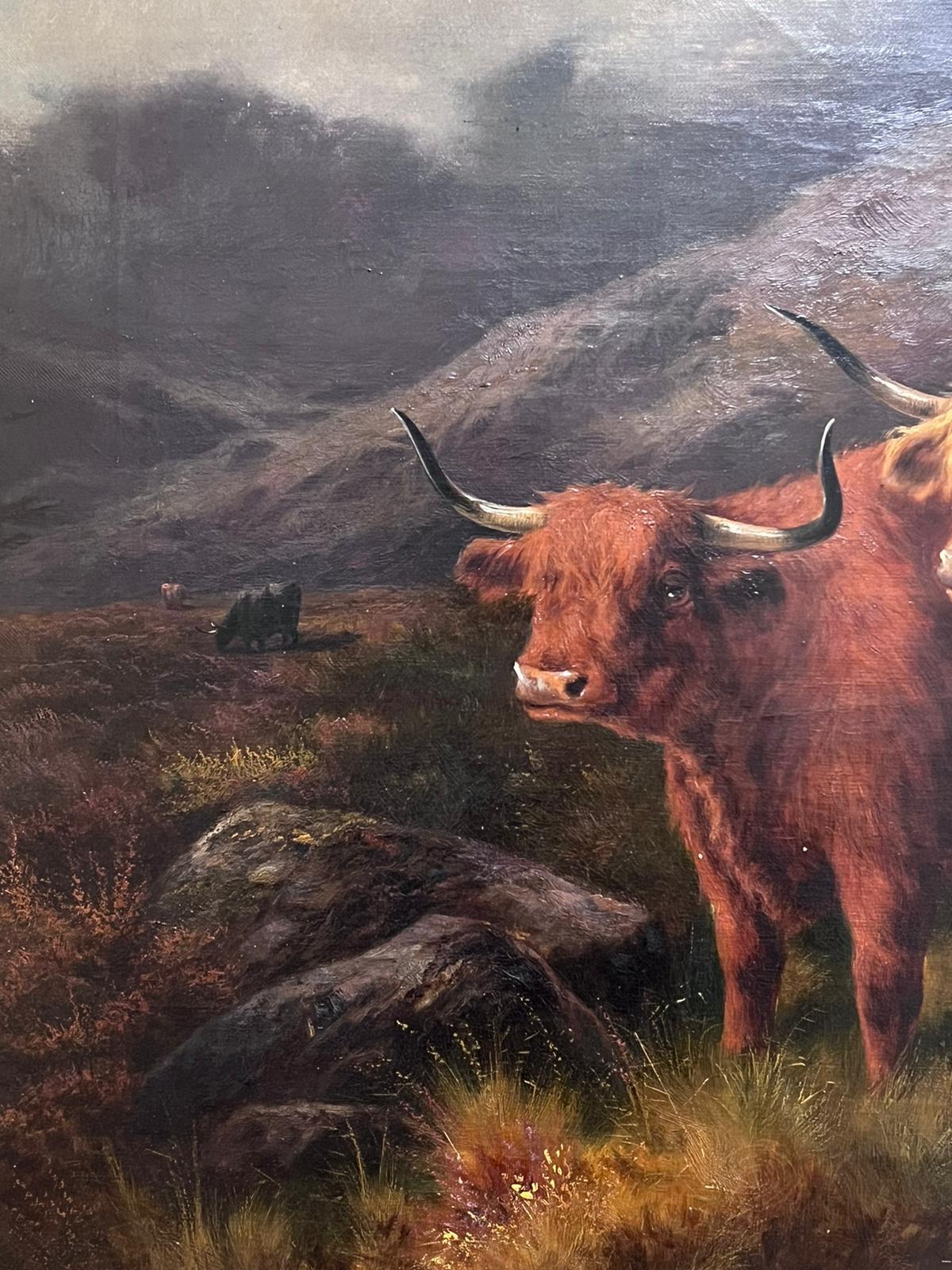 Großes viktorianisches schottisches Ölgemälde Highland Cattle Brooding schottische Landschaft im Angebot 2