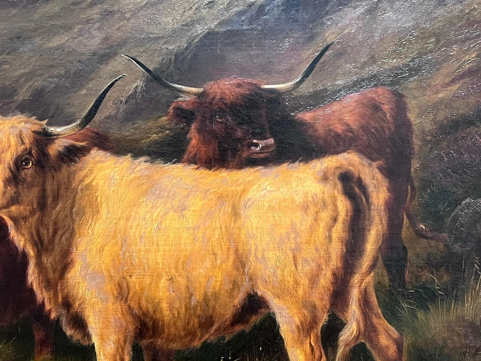 Großes viktorianisches schottisches Ölgemälde Highland Cattle Brooding schottische Landschaft im Angebot 3
