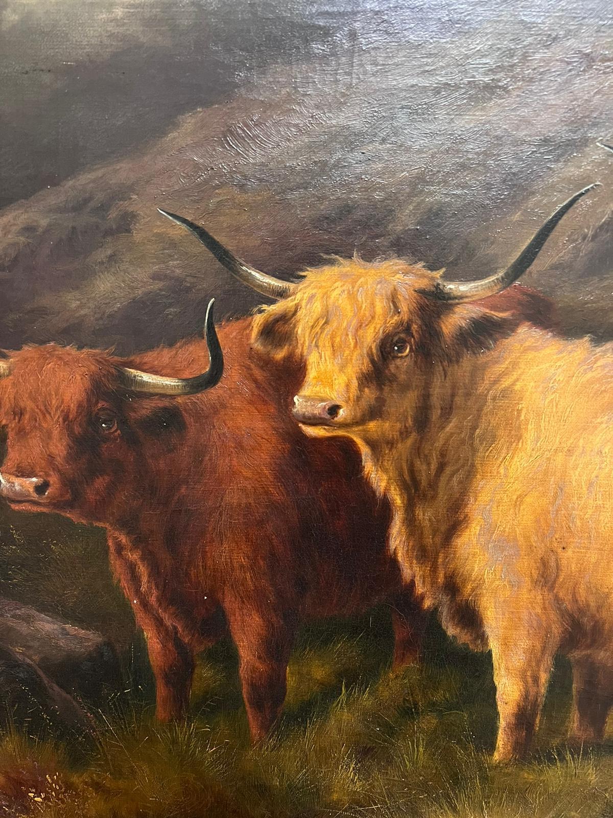 Großes viktorianisches schottisches Ölgemälde Highland Cattle Brooding schottische Landschaft im Angebot 4