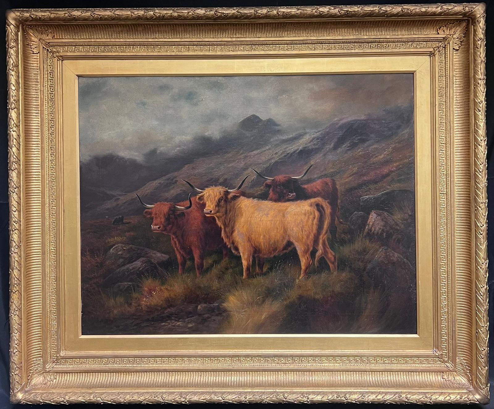 Scottish 19th Century Landscape Painting – Großes viktorianisches schottisches Ölgemälde Highland Cattle Brooding schottische Landschaft