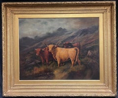 Großes viktorianisches schottisches Ölgemälde Highland Cattle Brooding schottische Landschaft