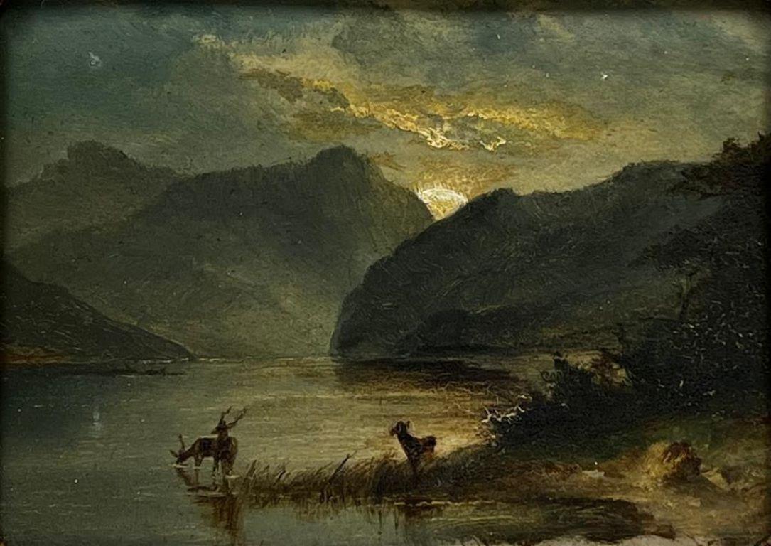 Artist/ School: Scottish School, 19th century, circa 1870

Title: Stags watering from the Highland loch. 

Medium:  oil painting on board, framed.

framed:   5.5 x 7 inches
board:   4.25 x 6 inches

Provenance: private collection,
