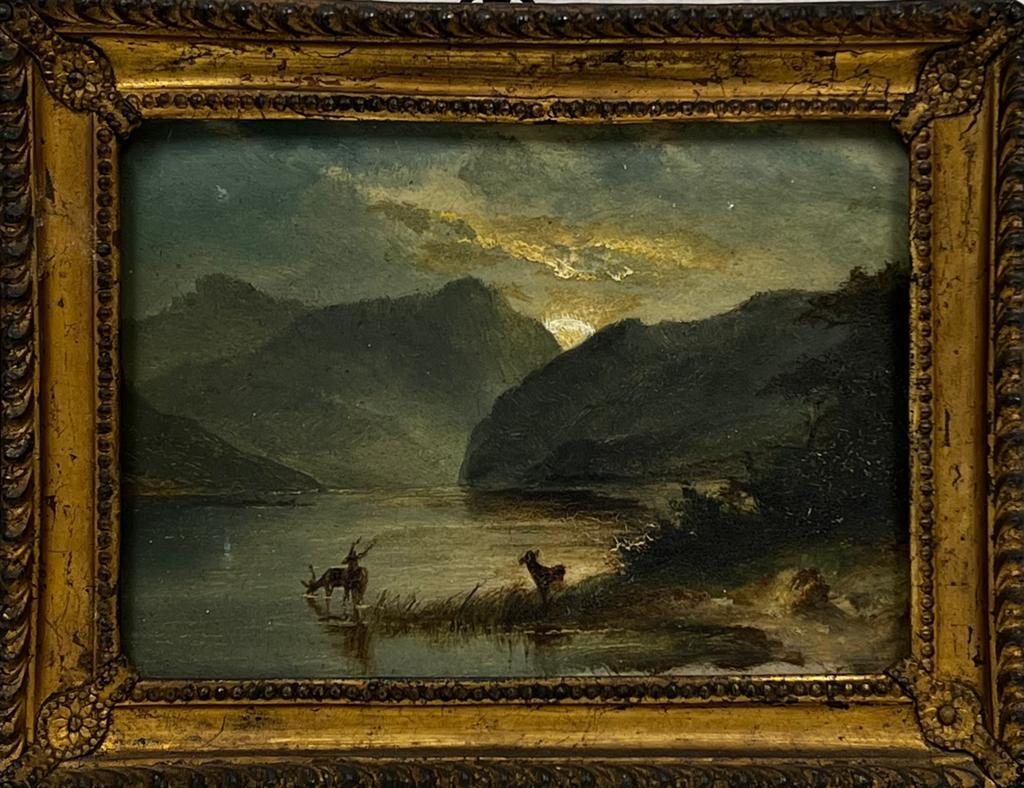 Scottish 19th Century Animal Painting - Very Fine 19th Century Scottish Landscape Oil Painting Stags watering in Loch