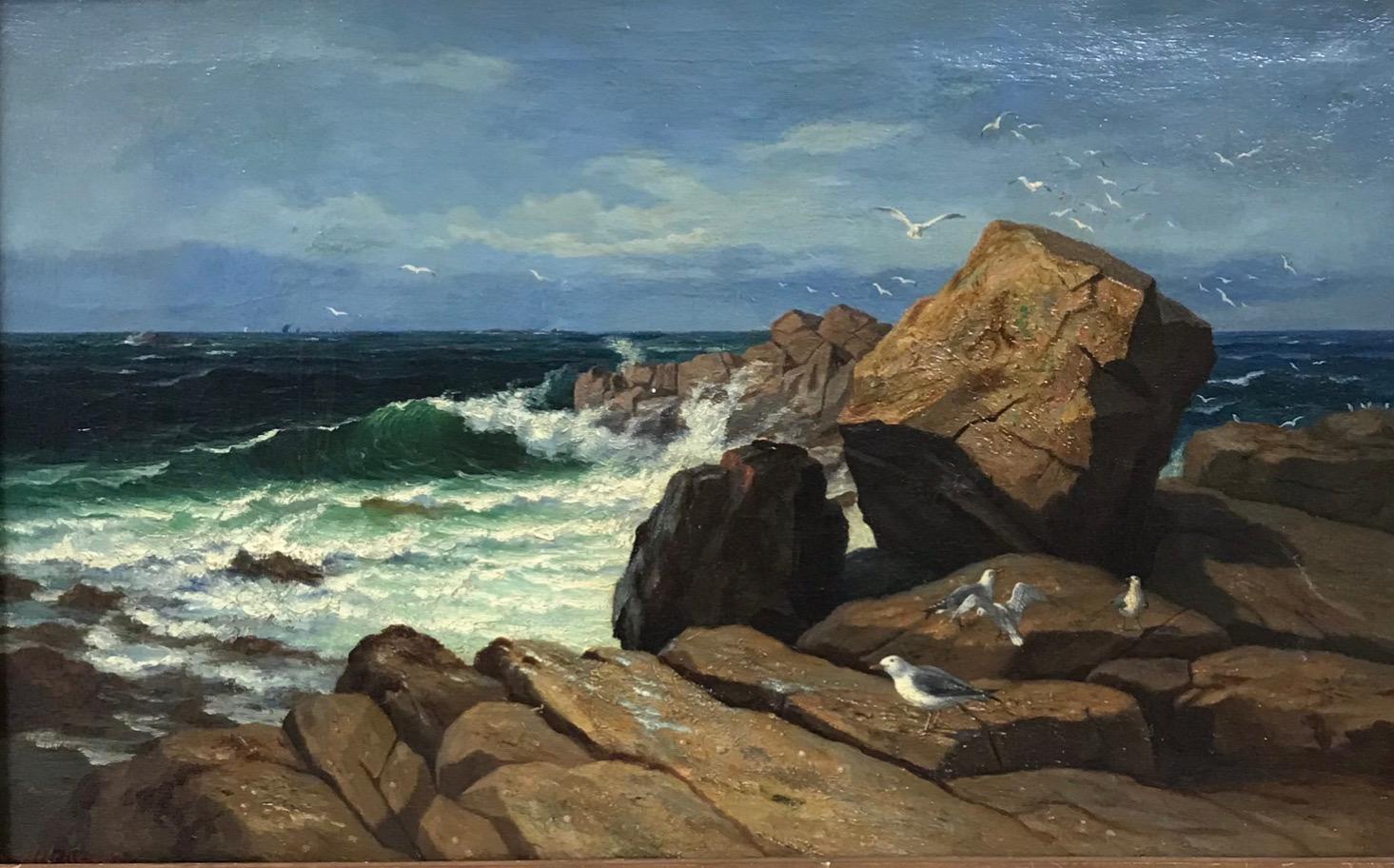 Scottish 19th Century Landscape Painting - Victorian Scottish Oil Painting Rocky Seascape Coastal Scene with Seagulls