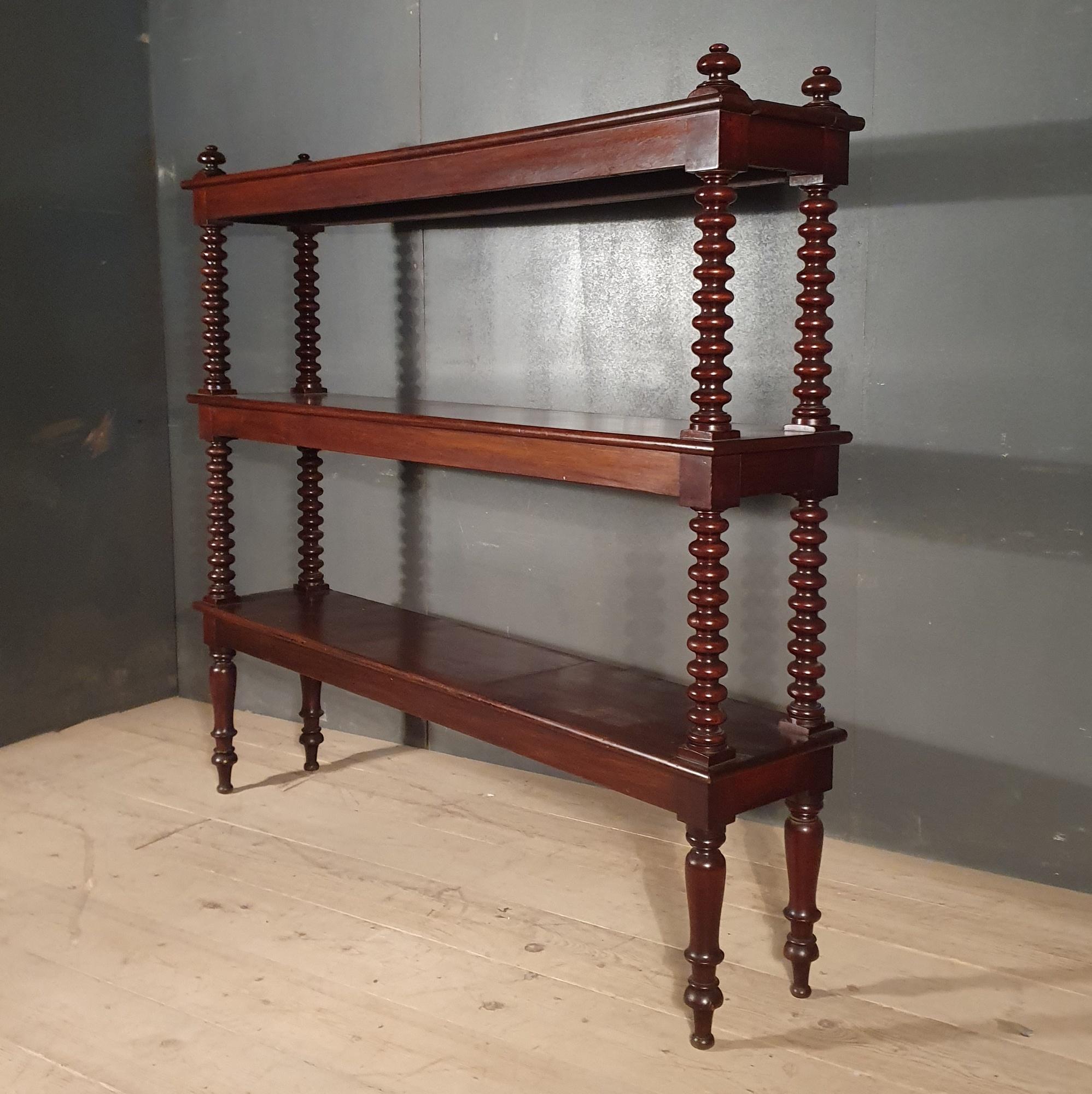 19th century tall Scottish mahogany three-tier whatnot/buffet, 1850.

Dimensions:
67.5 inches (171 cms) wide
13.5 inches (34 cms) deep
62 inches (157 cms) high.