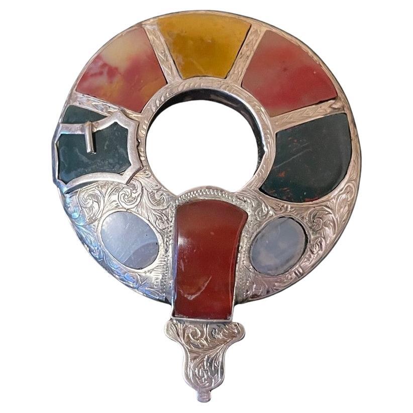 Scottish Agate Victorian Sterling Silver Garter Vintage Brooch Pin c1890
