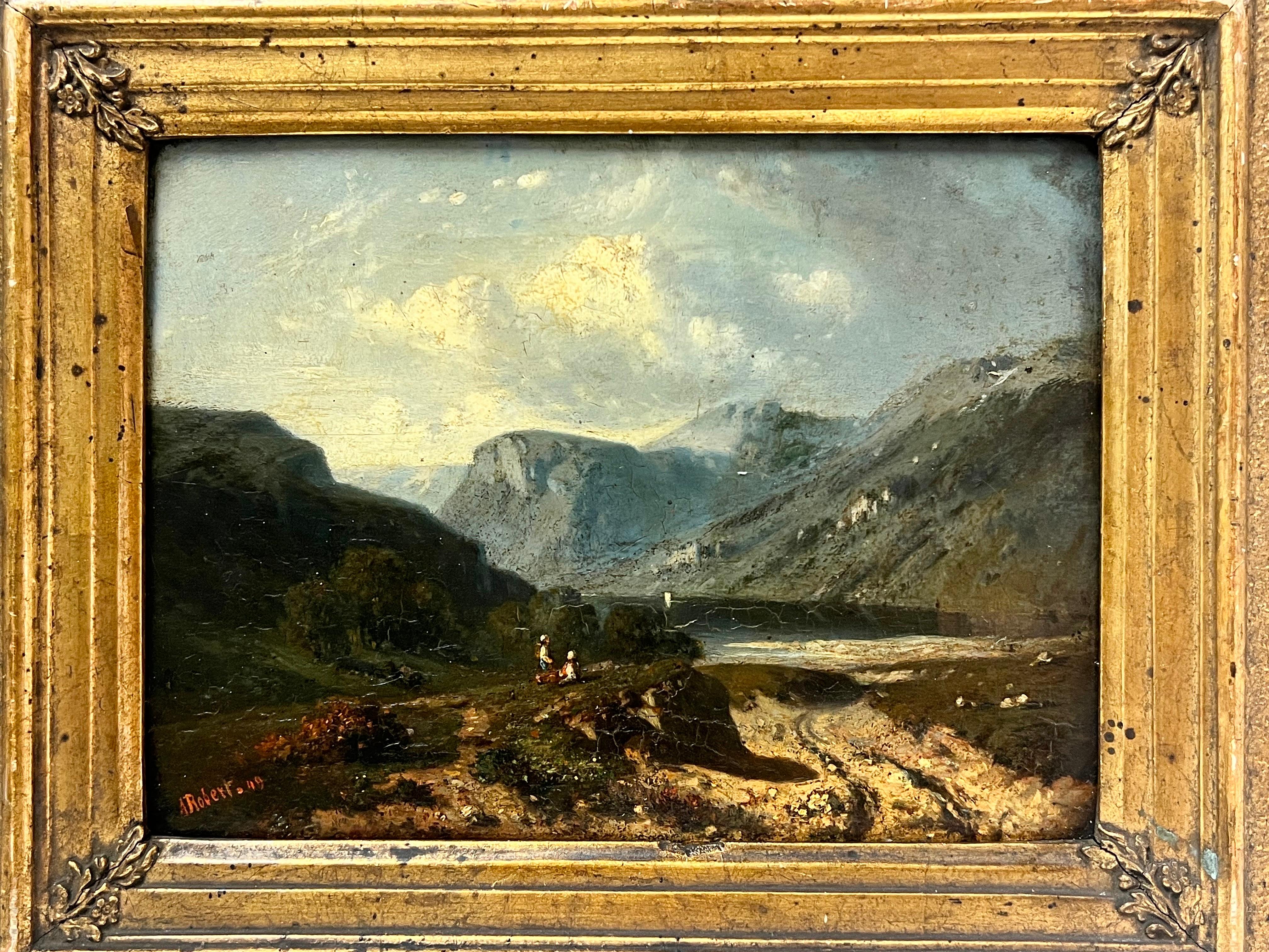 19th Century Signed Scottish Highlands Oil Painting Figures in Dramatic View 1