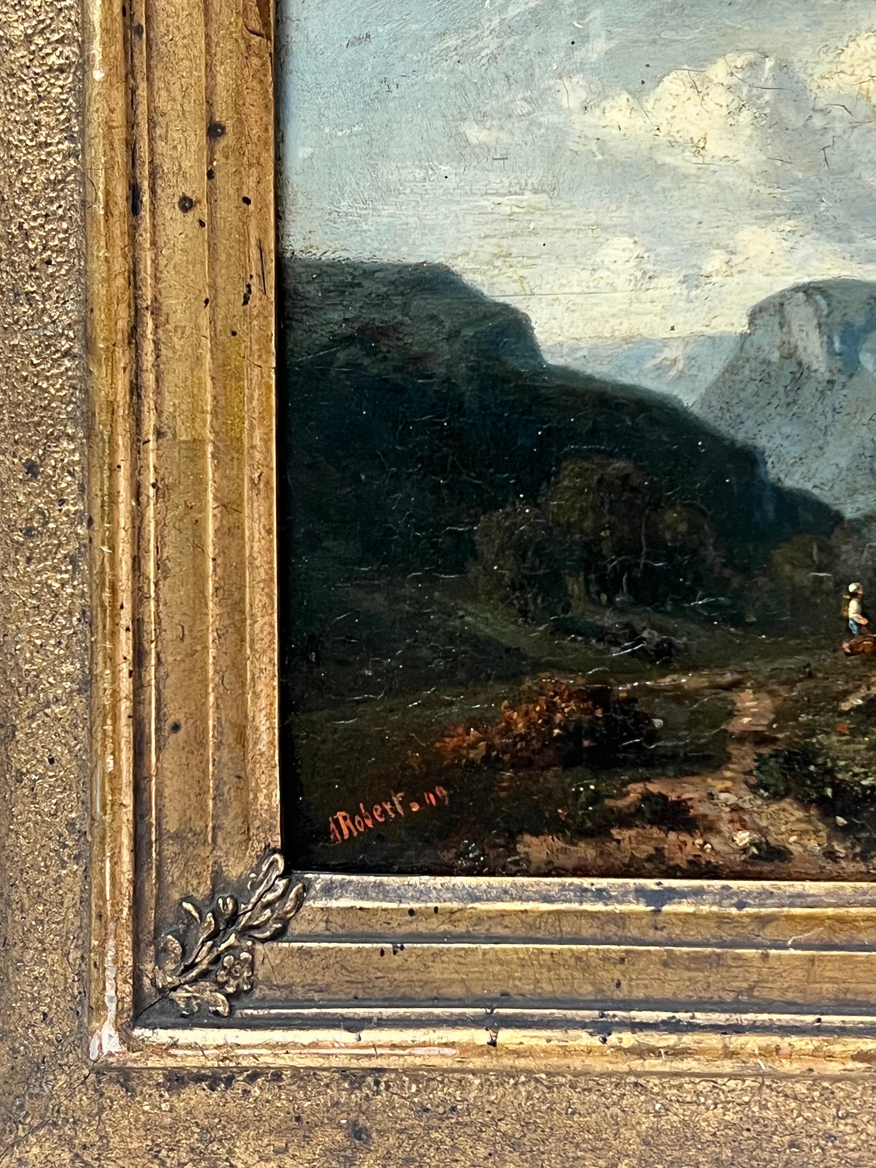 19th Century Signed Scottish Highlands Oil Painting Figures in Dramatic View 3