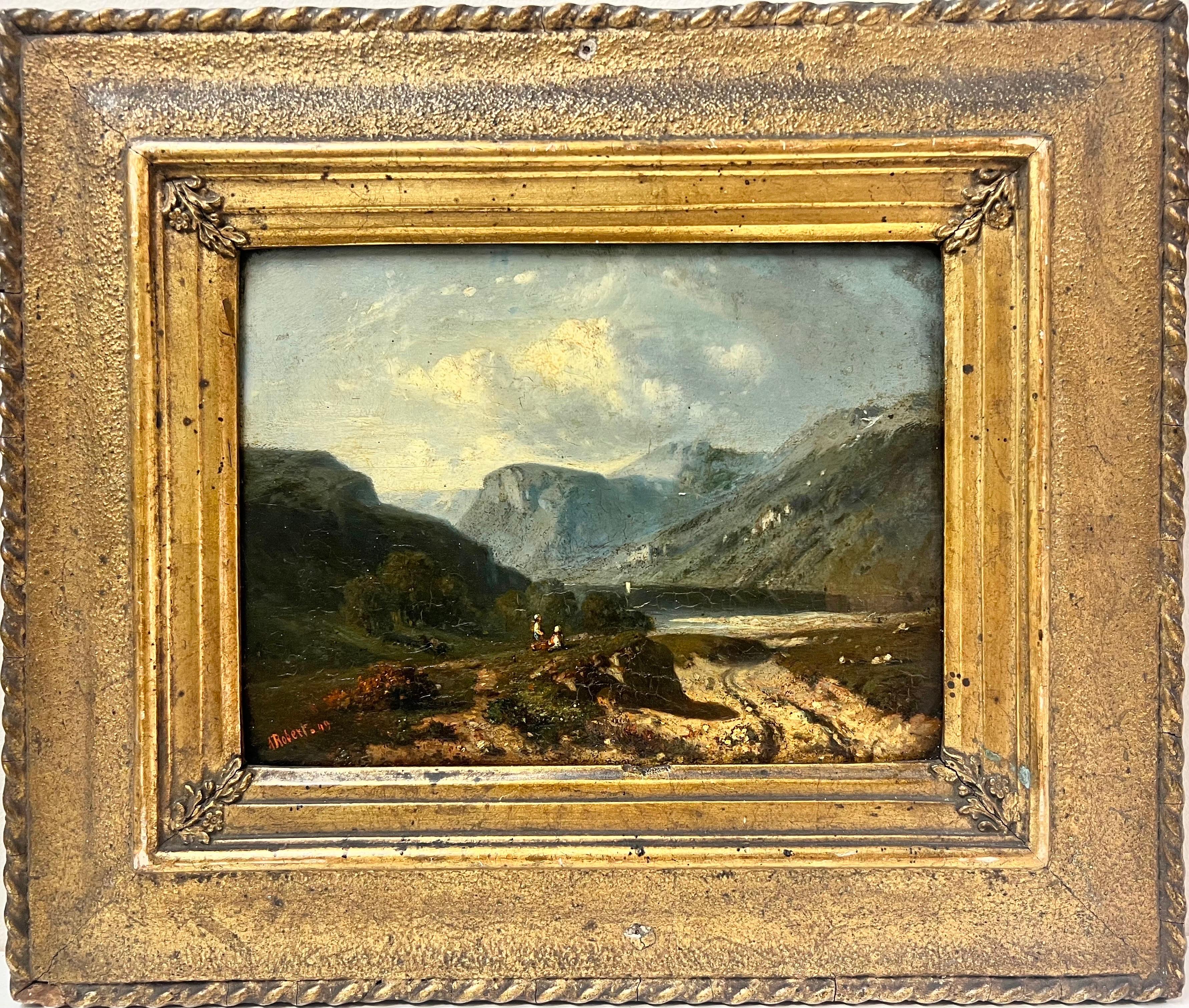 Scottish Antique  Landscape Painting - 19th Century Signed Scottish Highlands Oil Painting Figures in Dramatic View