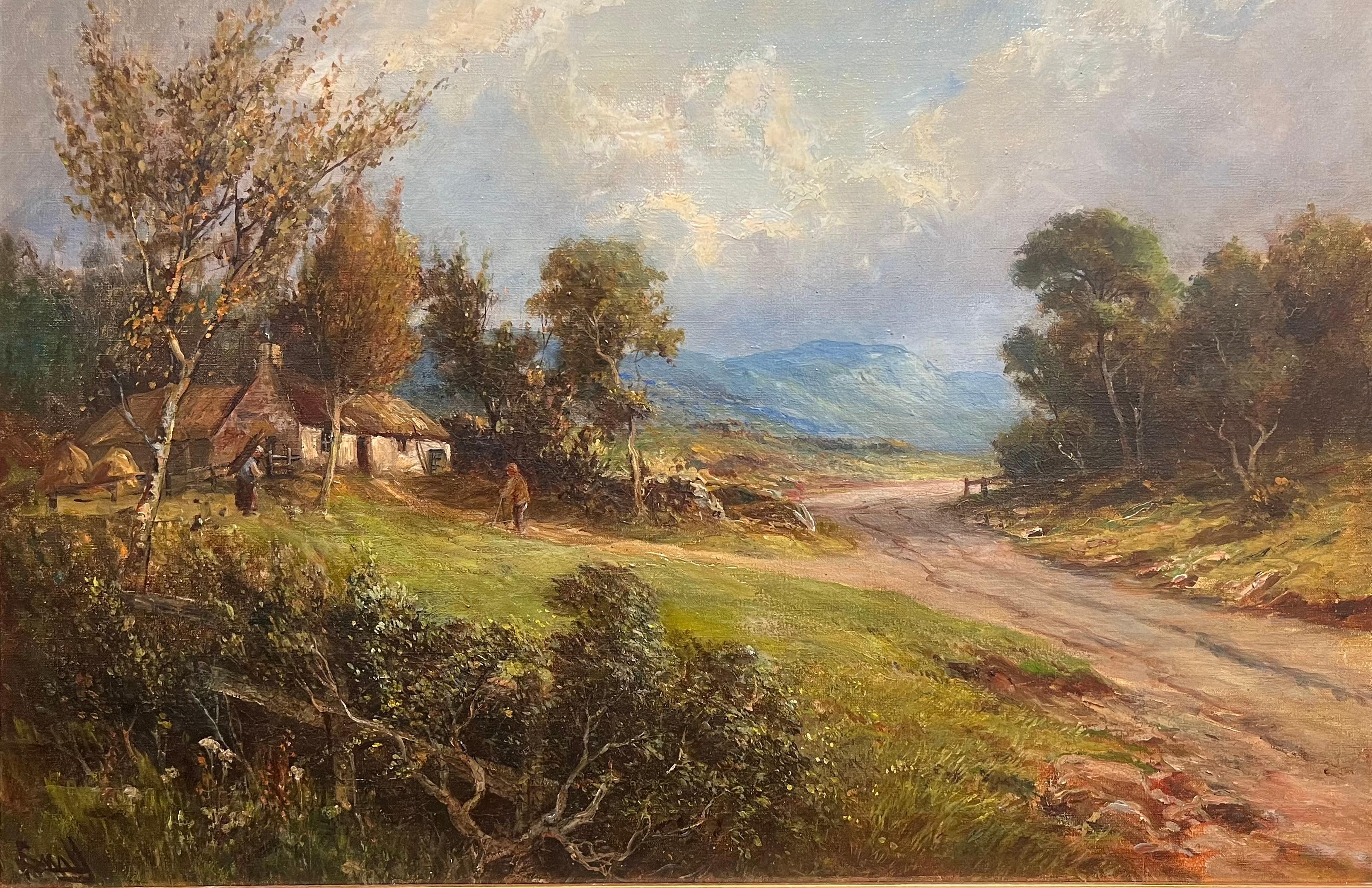 Charmante traditionelle Landschaft, antikes Ölgemälde, Landhaus, Cottage Winding Path, traditionelle Landschaft – Painting von Scottish Antique Oil