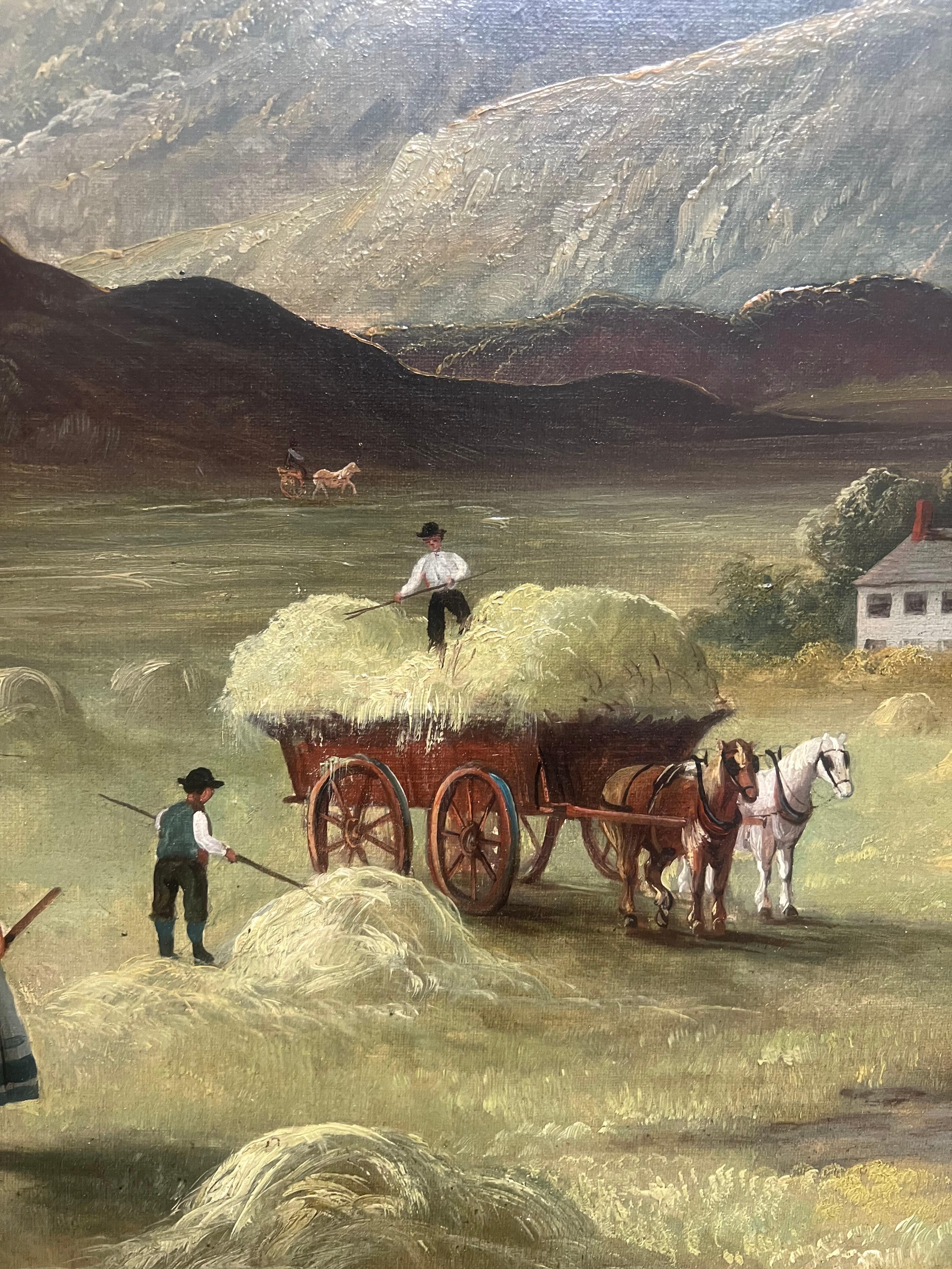 Haycarts with Figures Harvesting in the Scottish Highlands Large Antique Oil - Victorian Painting by Scottish Antique Oil