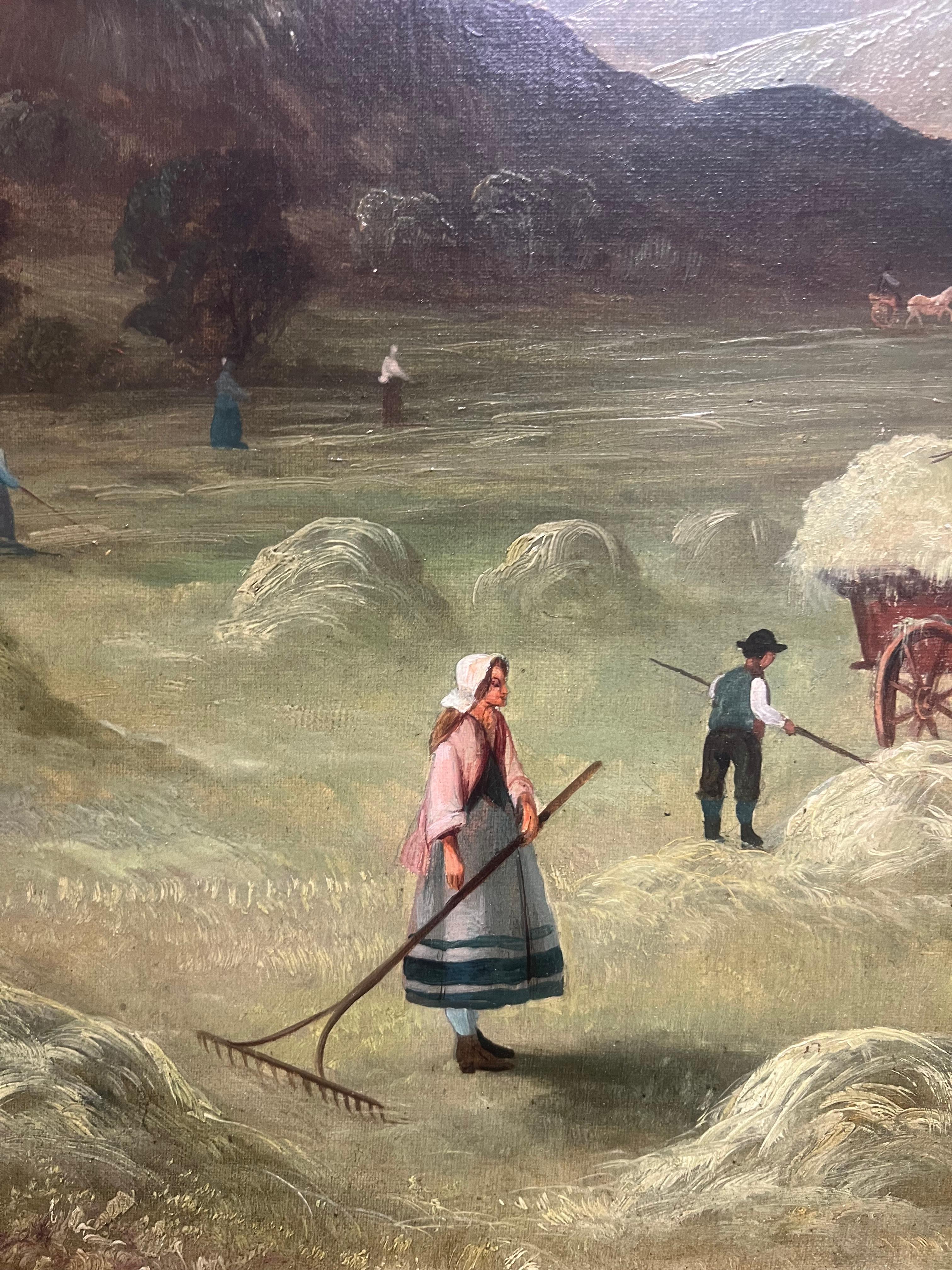 Haycarts with Figures Harvesting in the Scottish Highlands Large Antique Oil - Brown Figurative Painting by Scottish Antique Oil