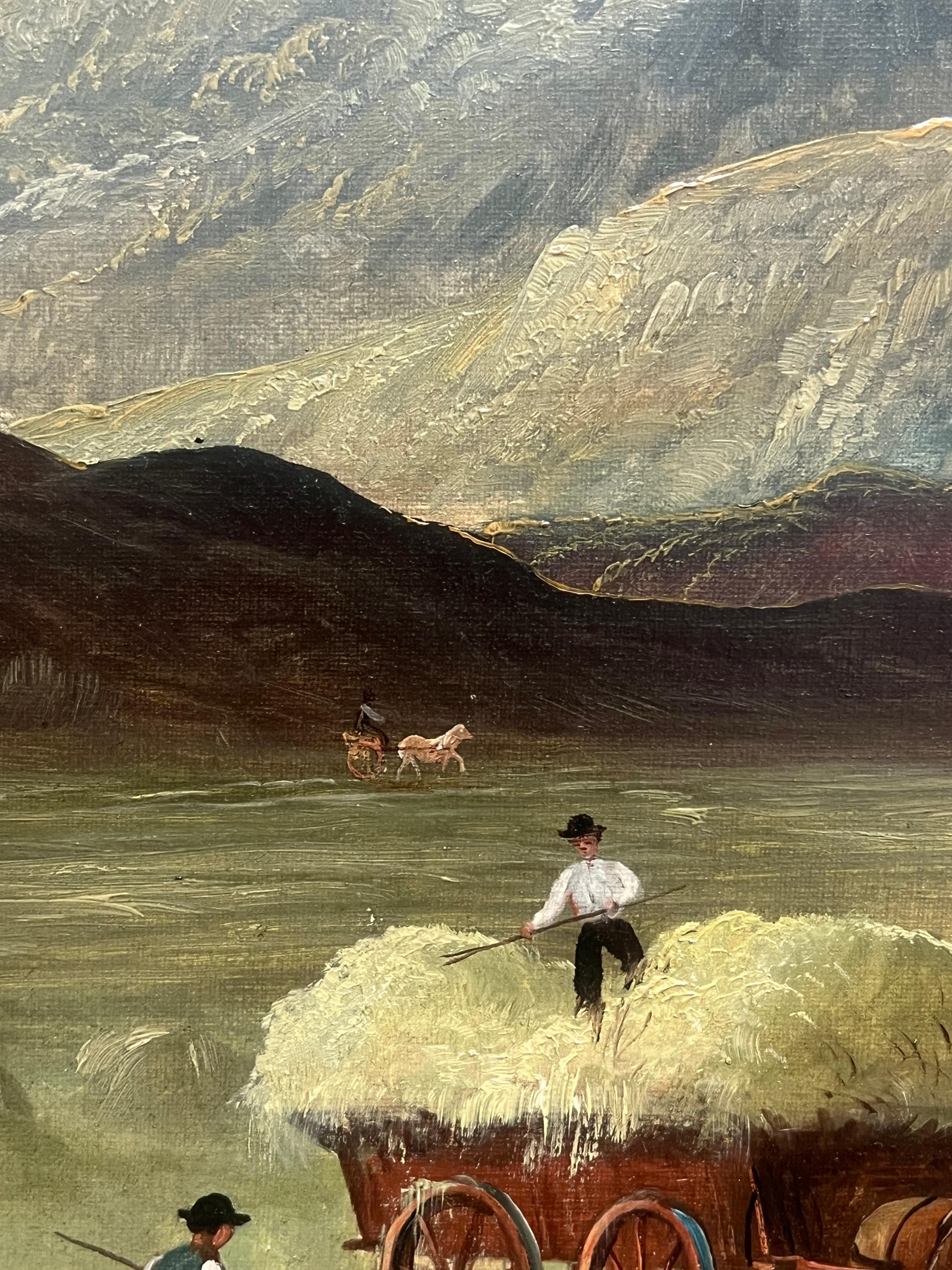 Haycarts with Figures Harvesting in the Scottish Highlands Large Antique Oil 1