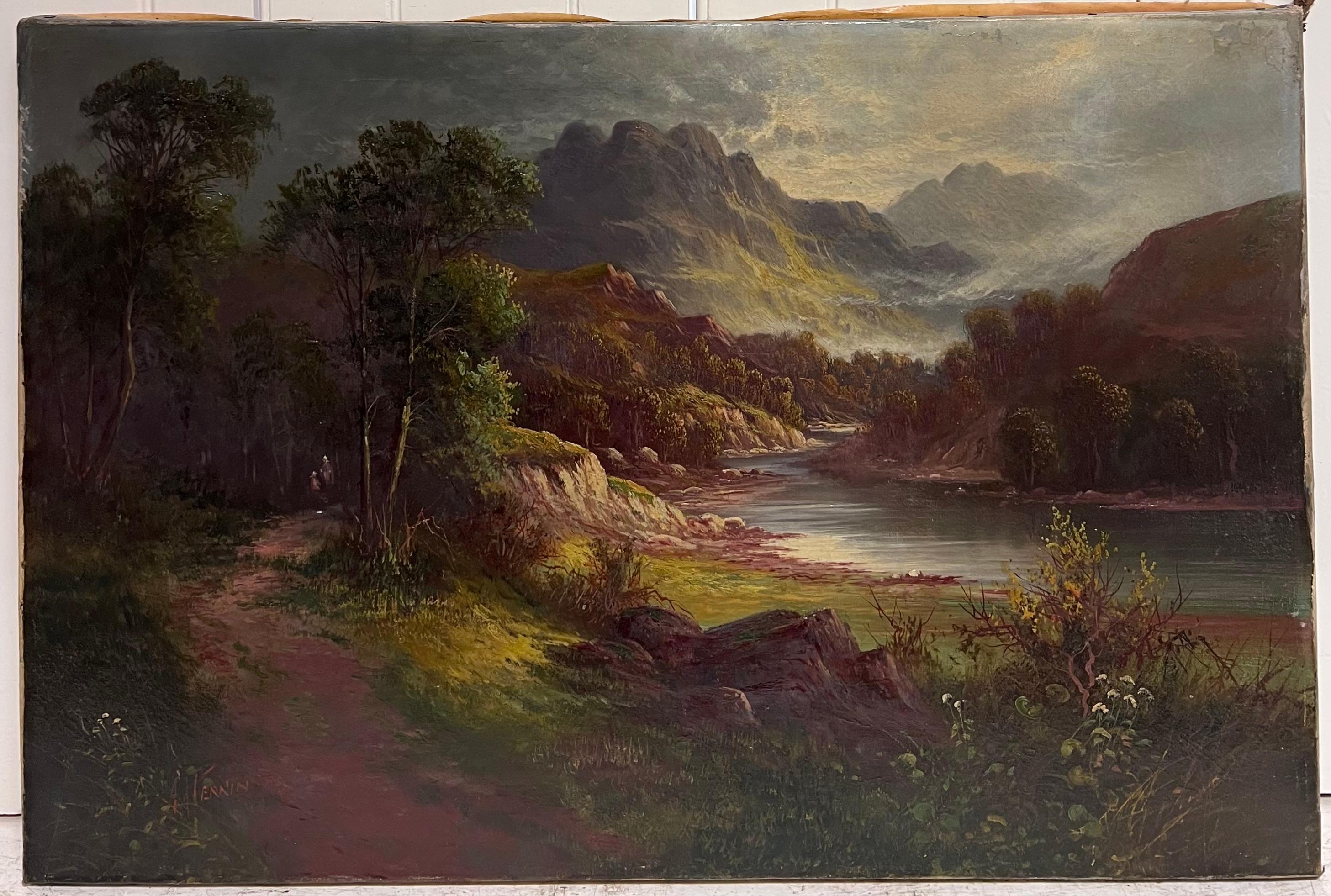 Large Antique Scottish Highlands Oil Painting Figures Walking through Glen - Black Landscape Painting by Scottish Antique Oil