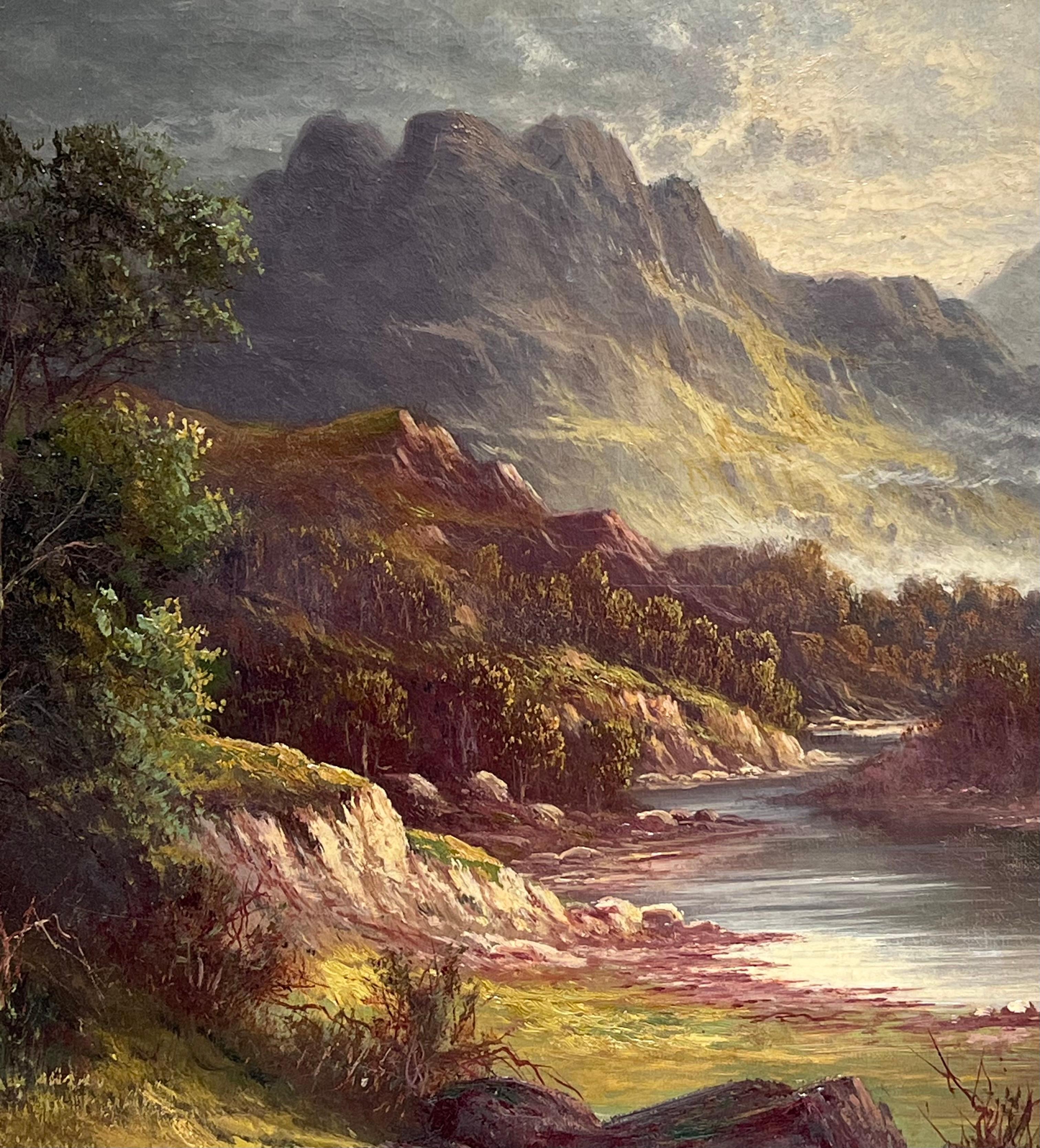 Large Antique Scottish Highlands Oil Painting Figures Walking through Glen For Sale 3