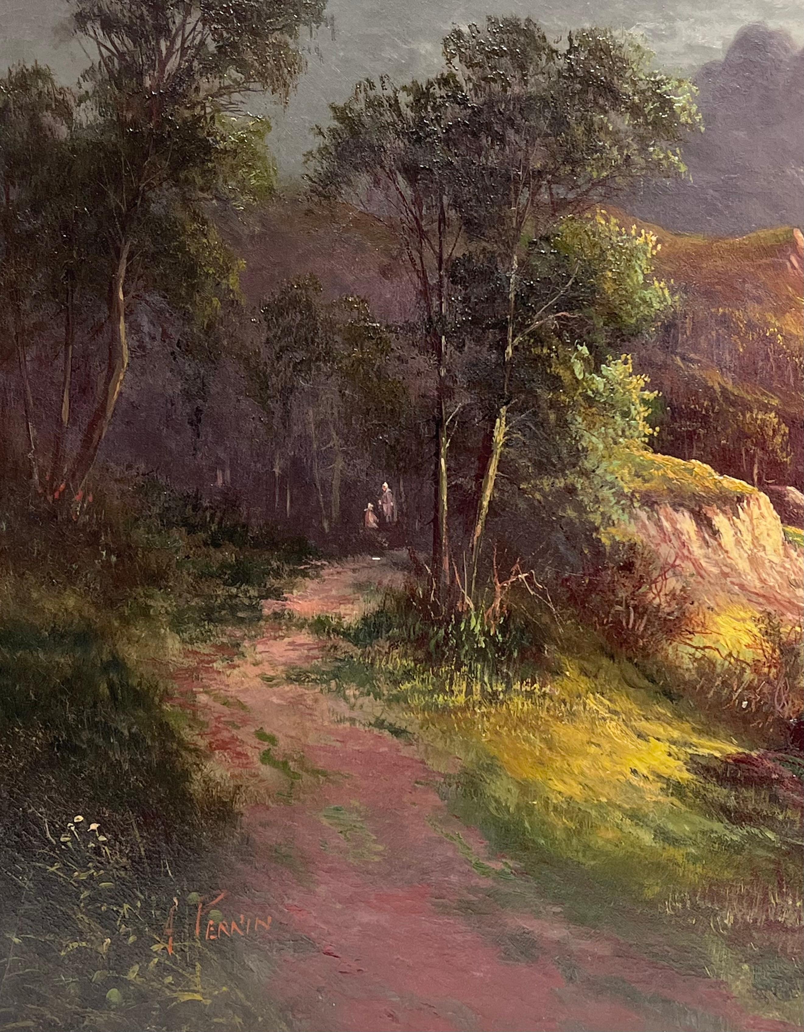 Large Antique Scottish Highlands Oil Painting Figures Walking through Glen For Sale 5
