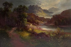 Large Antique Scottish Highlands Oil Painting Figures Walking through Glen