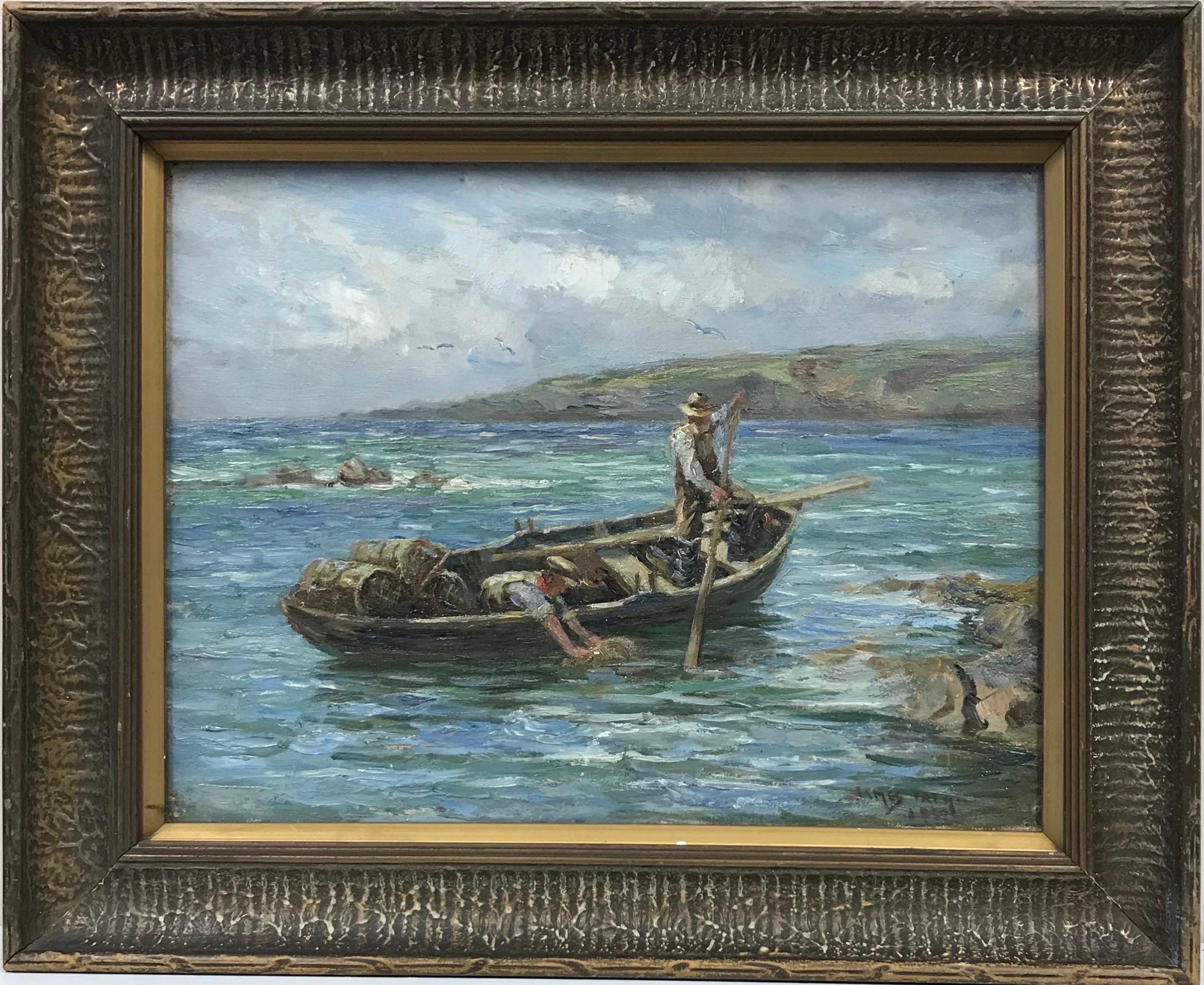 1920's Scottish Signed Oil Fishermen in Boat at Sea with Lobster Pots - Painting by Scottish Antique