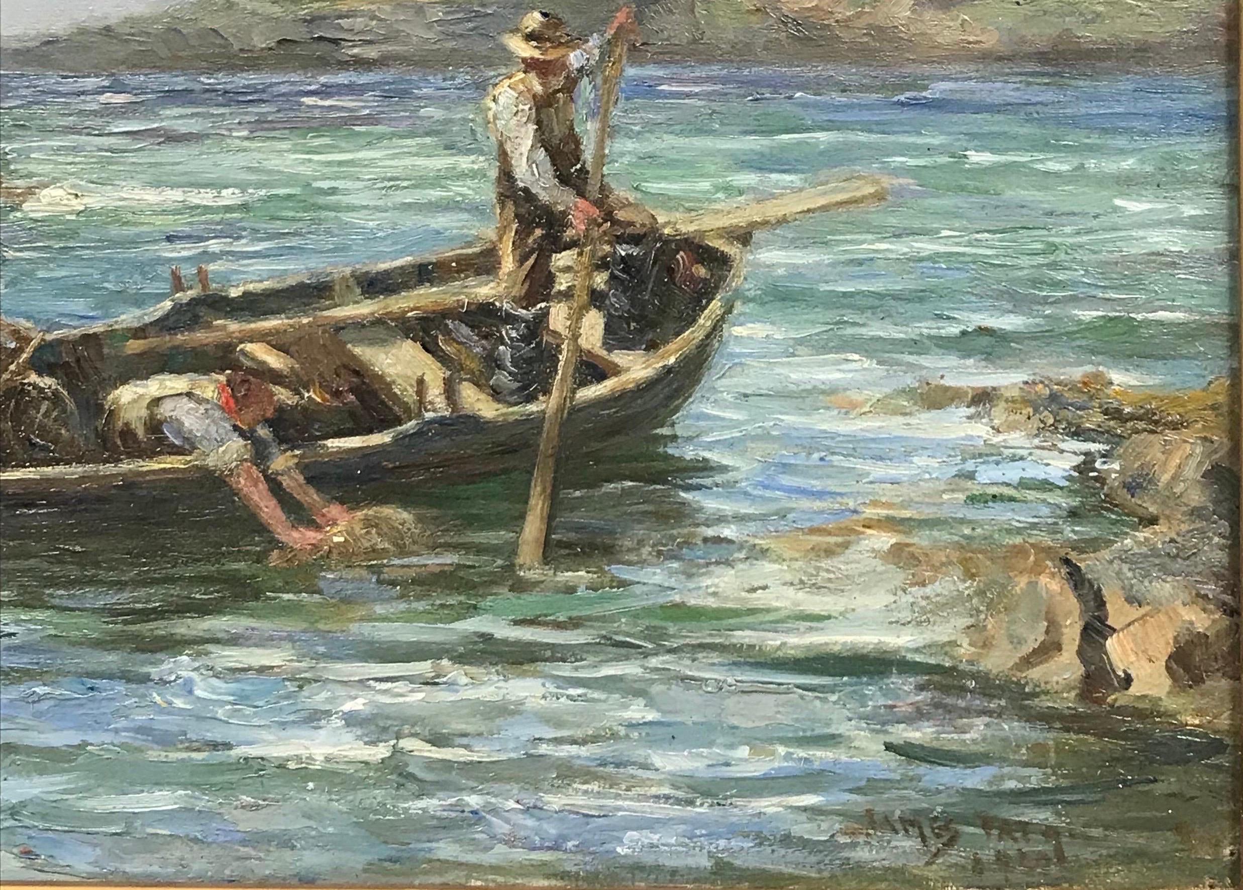 1920's Scottish Signed Oil Fishermen in Boat at Sea with Lobster Pots - Victorian Painting by Scottish Antique