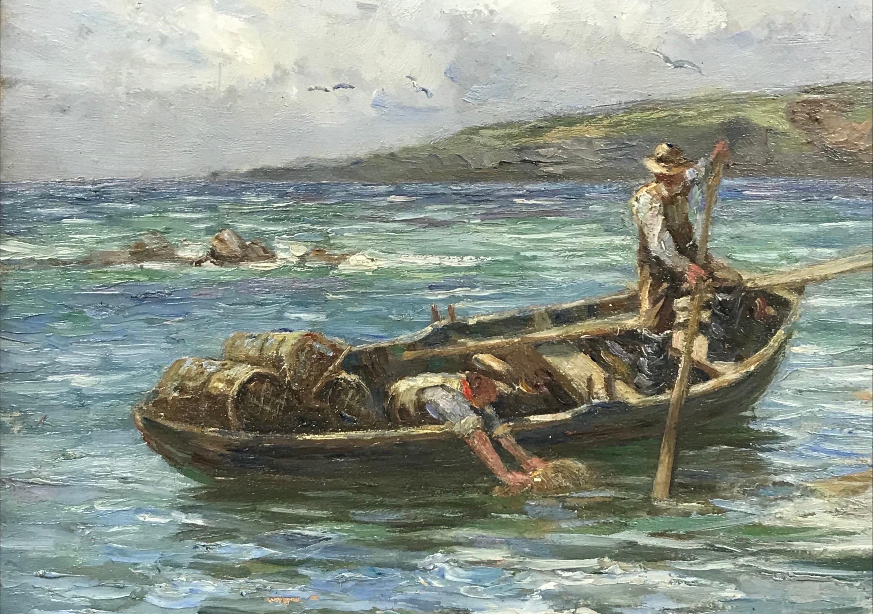 Artist/ School: Scottish School, circa 1920's, illegibly signed and dated

Title: The Lobster Pots

Medium: oil on canvas, framed

Framed: 16.5 x 20.5 inches
Canvas: 12.5 x 16 inches

Provenance: private collection, England

Condition: The painting