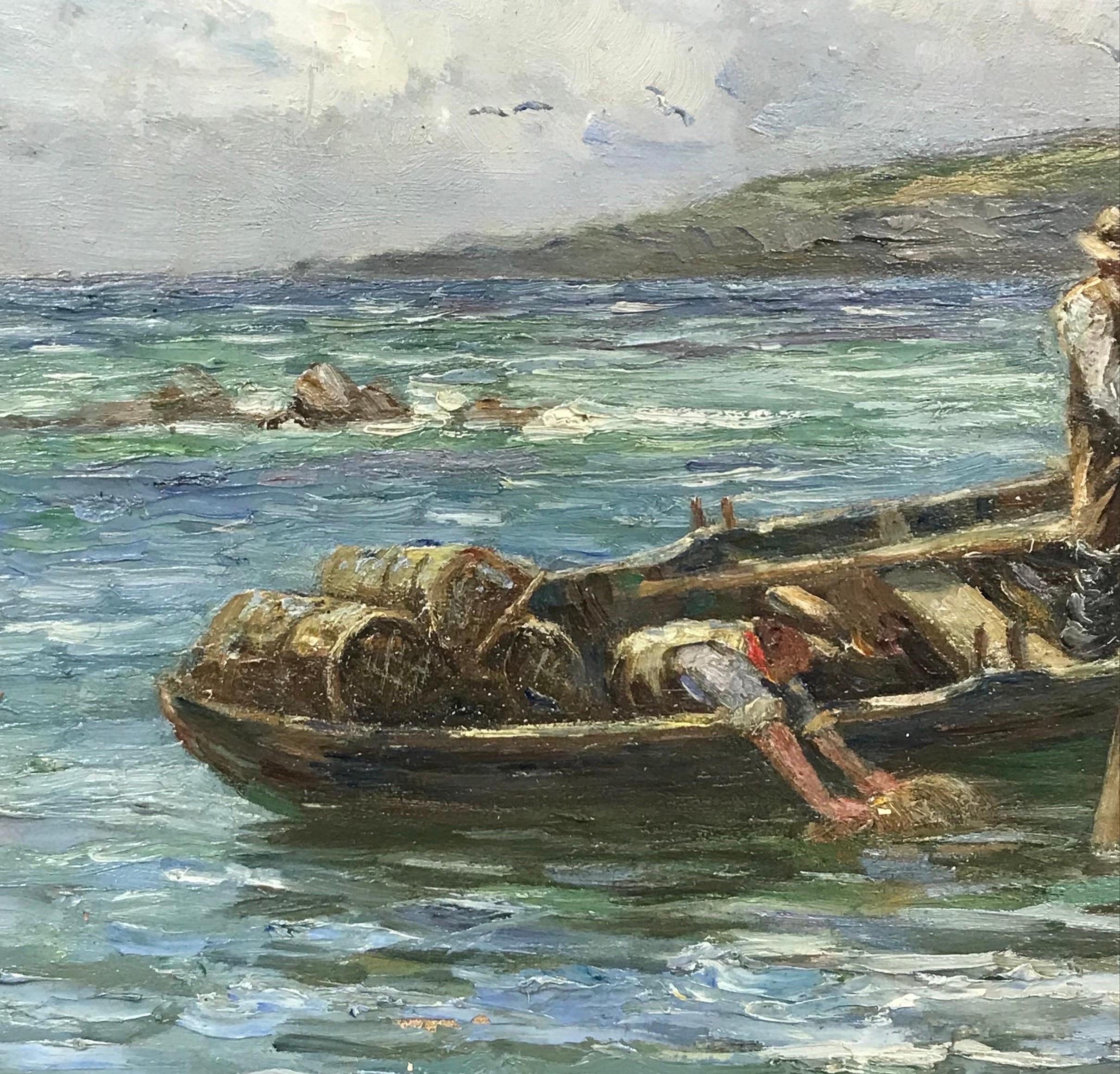 1920's Scottish Signed Oil Fishermen in Boat at Sea with Lobster Pots For Sale 1