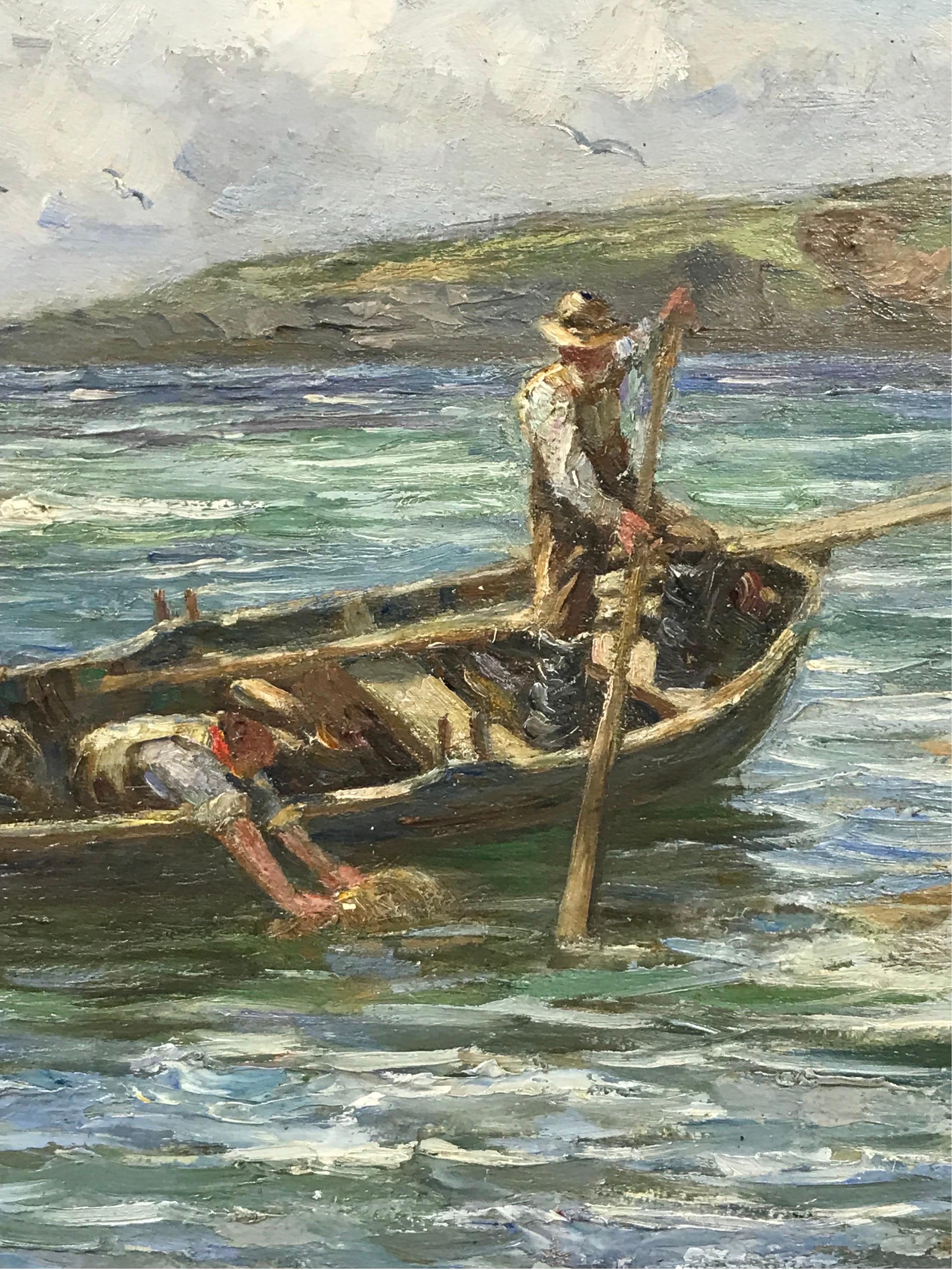 Olio scozzese del 1920 firmato Pescatori in barca in mare con vasi di aragoste 2