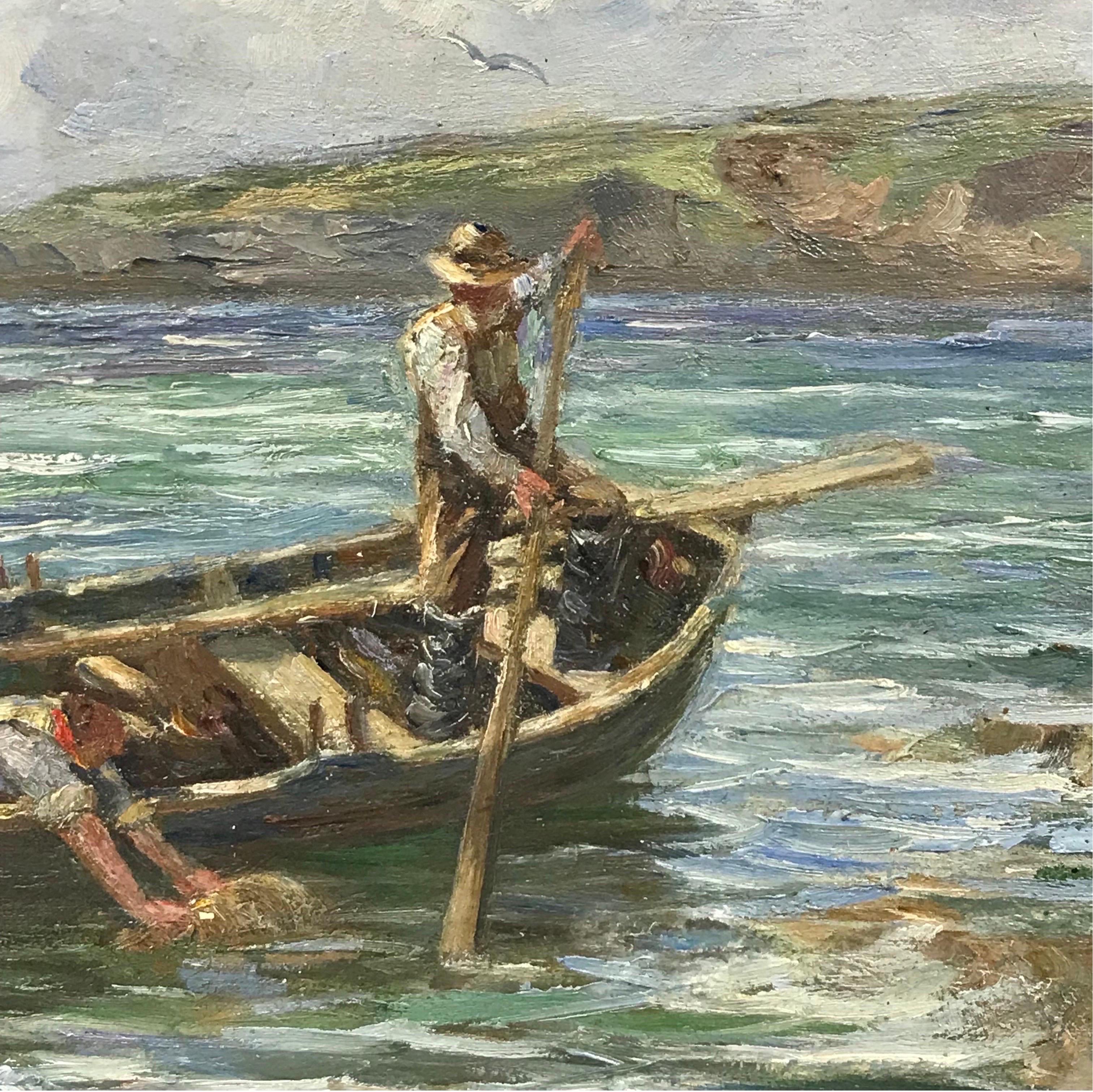 1920's Scottish Signed Oil Fishermen in Boat at Sea with Lobster Pots For Sale 4