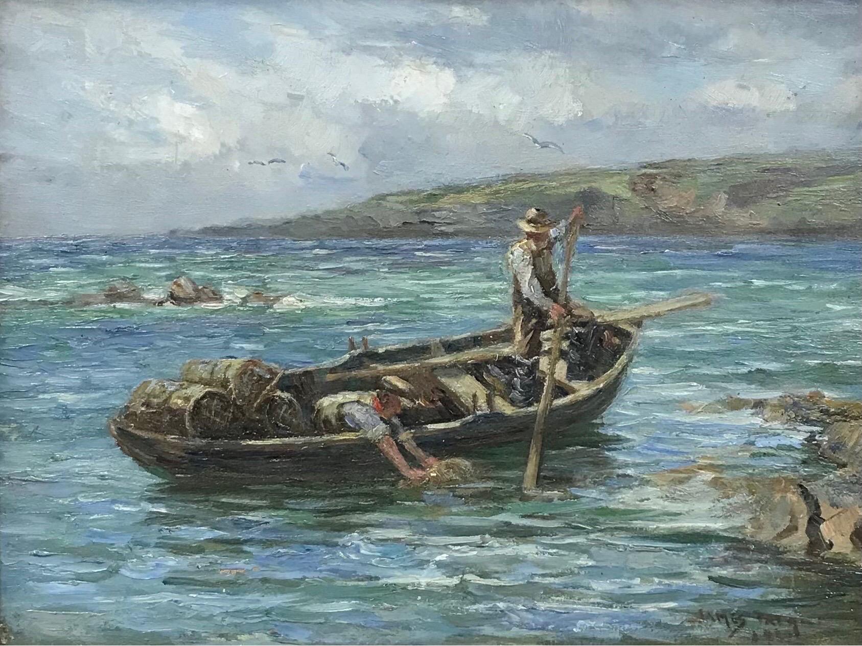 Scottish Antique Landscape Painting - 1920's Scottish Signed Oil Fishermen in Boat at Sea with Lobster Pots