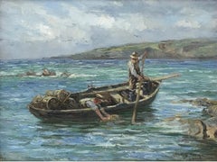 1920's Scottish Signed Oil Fishermen in Boat at Sea with Lobster Pots