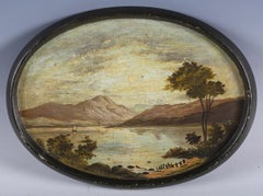 Antique Scottish Oil Painting Highland Loch Scene Oil on Oval Copper Painting