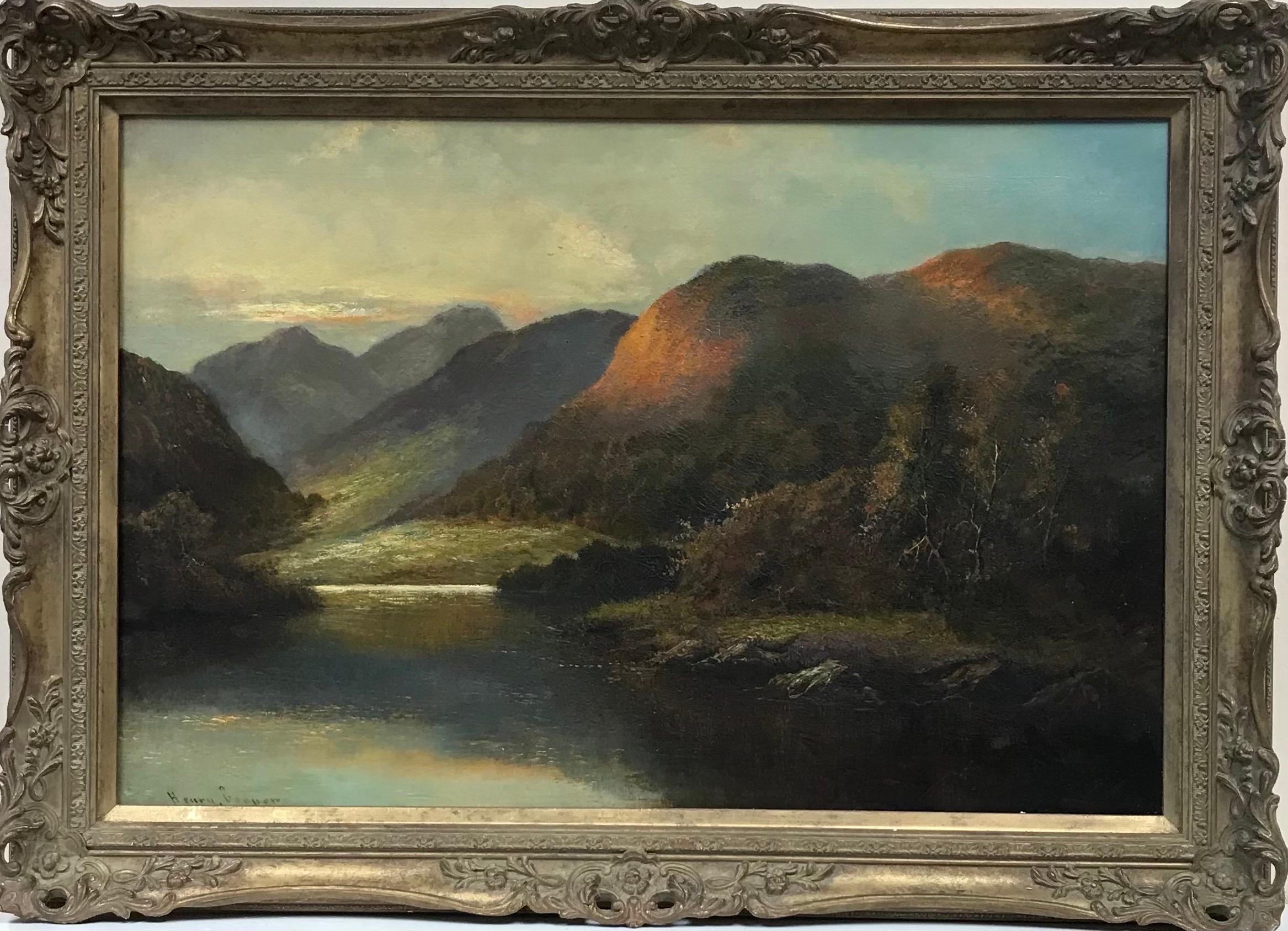 Figurative Painting Scottish Antique - Grande peinture  l'huile victorienne Scne de loch cossais et montagnes au coucher du soleil