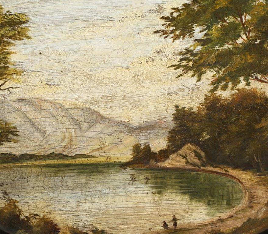 Pittura ad olio ovale scozzese antica Loch Katrine Figure che pescano nelle Highlands - Painting di Scottish Antique