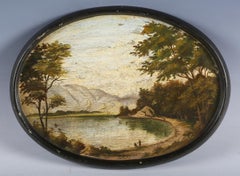Oval Antique Scottish Oil Painting Loch Katrine Figures Fishing in Highlands