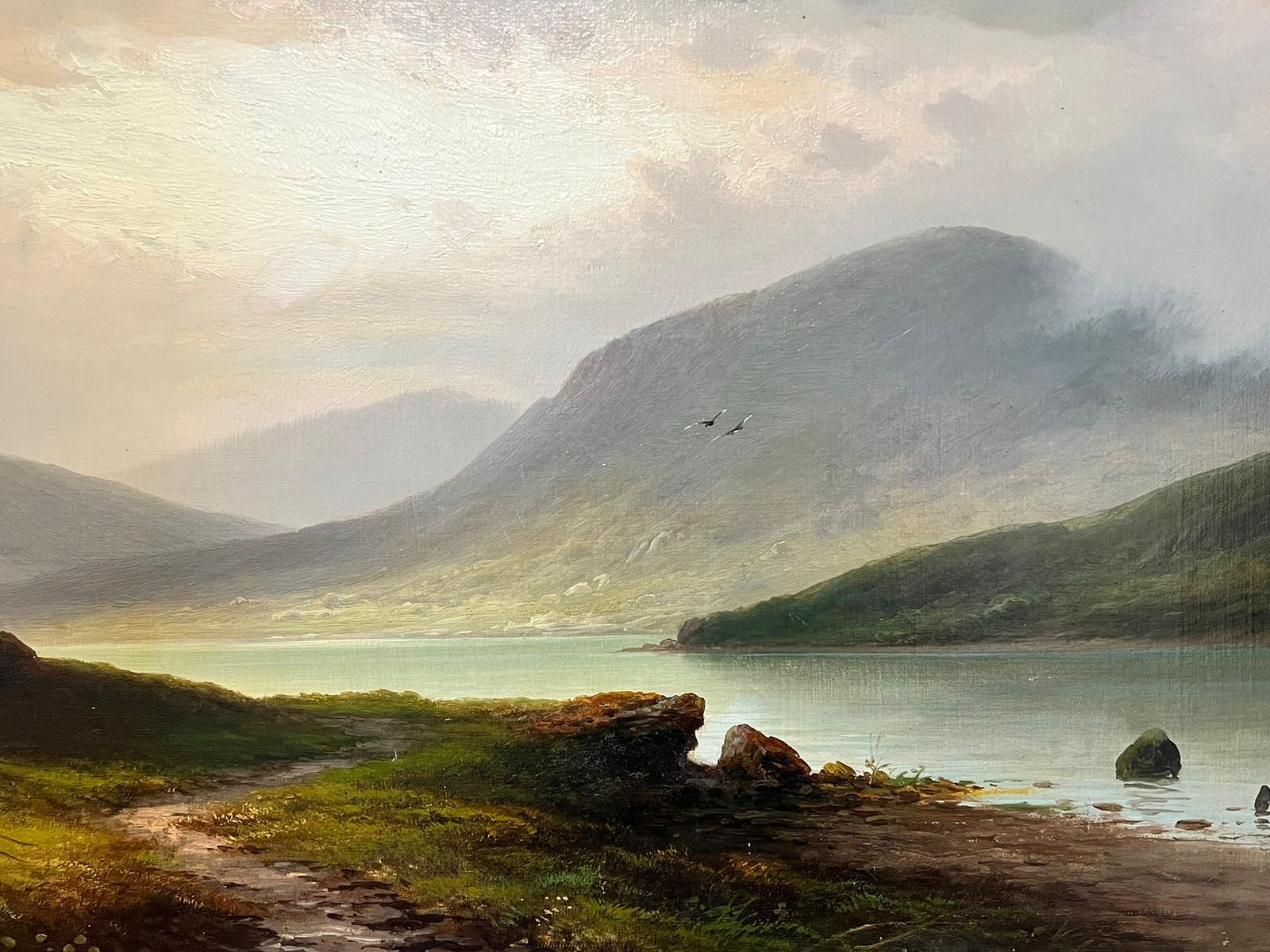 Scottish Highland Loch 19th Century Signed Oil Painting Sun Bursting Clouds 3