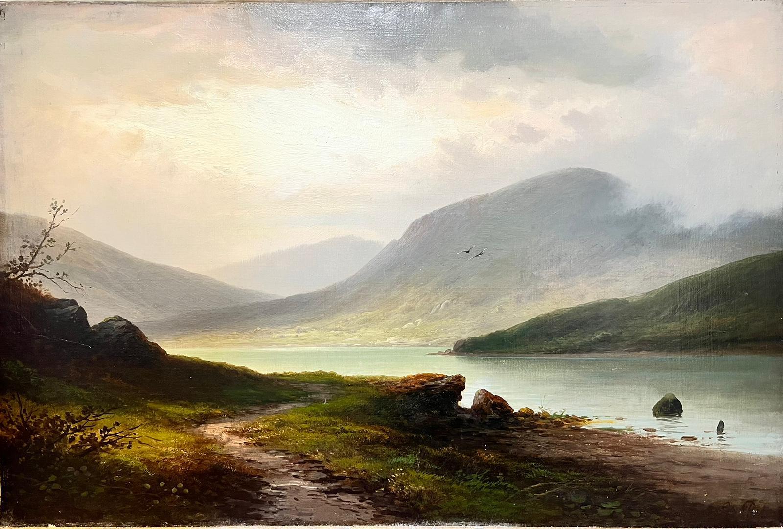 Scottish Highland Loch 19th Century Signed Oil Painting Sun Bursting Clouds 4