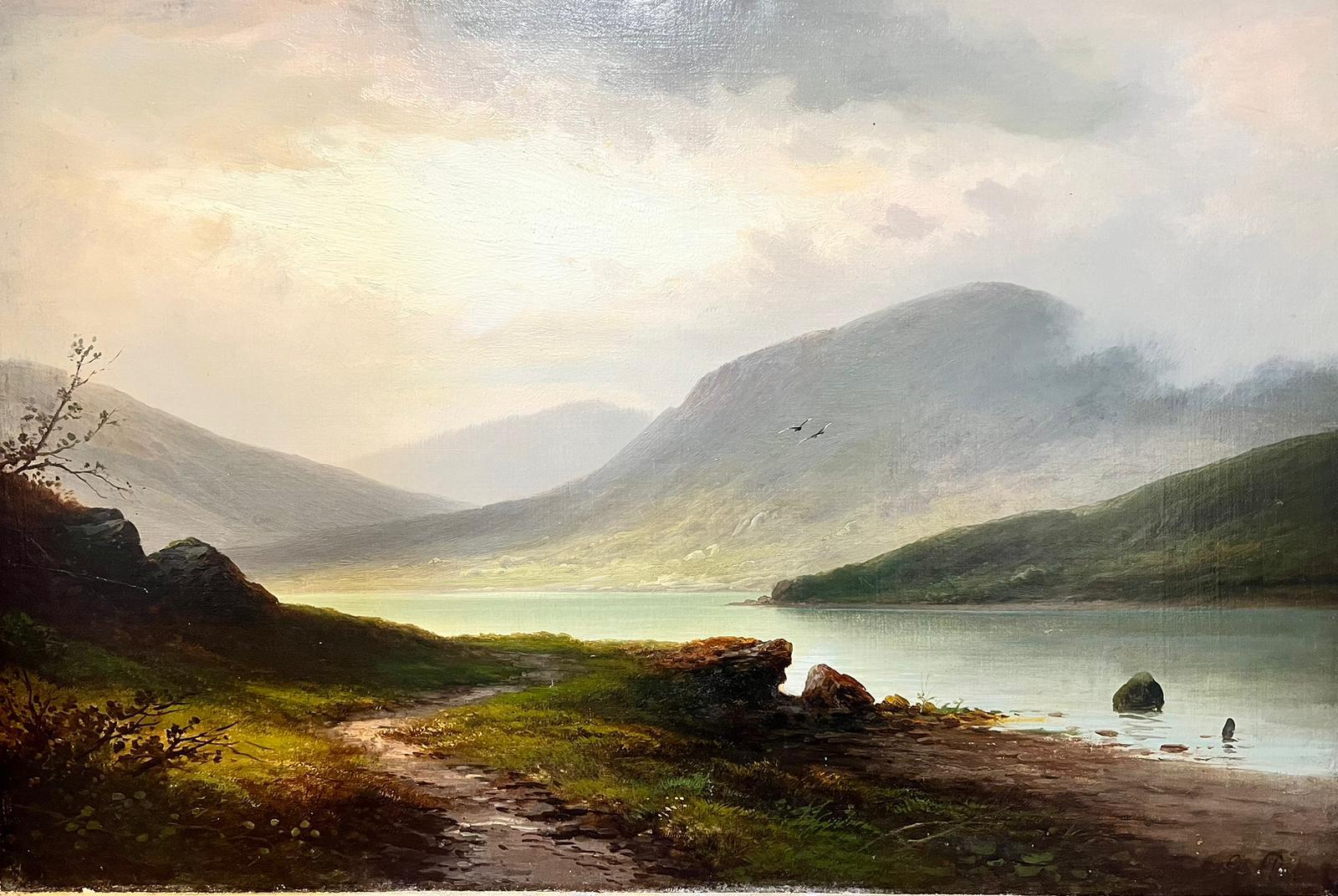 Scottish Antique Landscape Painting - Scottish Highland Loch 19th Century Signed Oil Painting Sun Bursting Clouds