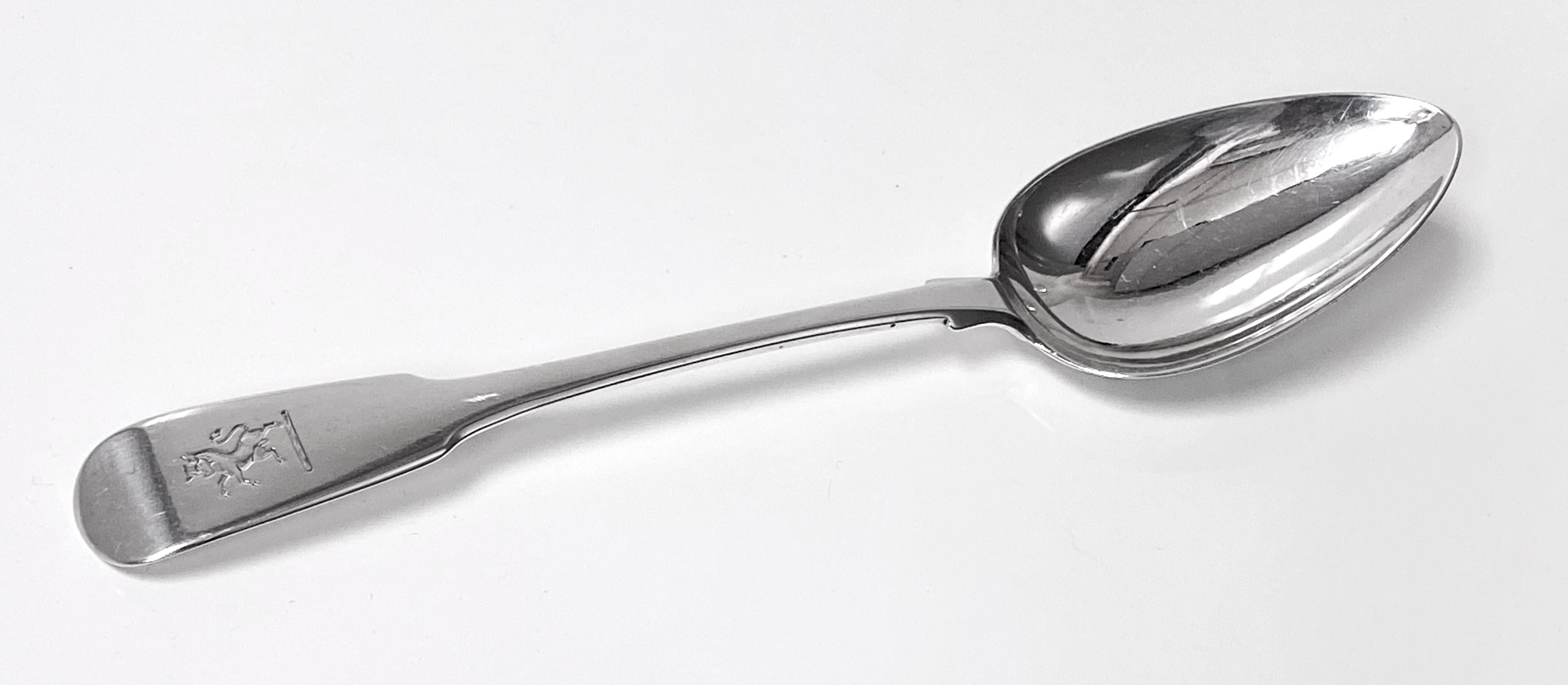Scottish Antique Silver large Spoon Glasgow 1831 AS. Plain Fiddle pattern engraved with crest. Good condition, clear hallmarks. Reflections from photography only. Length: 9 inches. Weight: 67.20 grams 