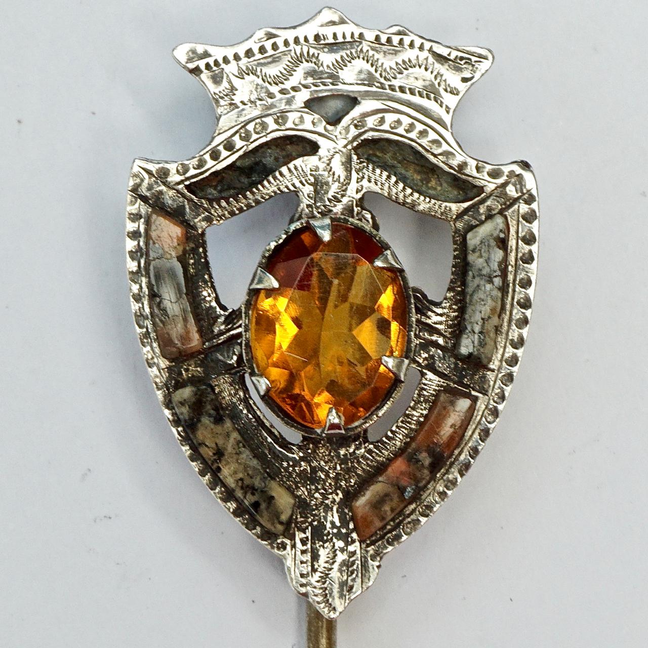 Wonderful Scottish antique Victorian silver tone shield and crown stick pin, featuring a lovely agate and faux citrine design. Measuring length 2.7 cm / 1 inch by width 1.8 cm / .7 inch. The ridges on the gold tone stick help it to hold on to