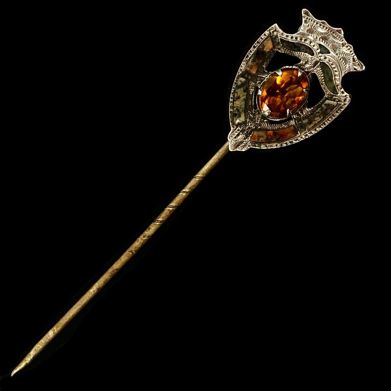Women's or Men's Scottish Antique Victorian Silver Tone Shield and Crown Agate Stick Pin