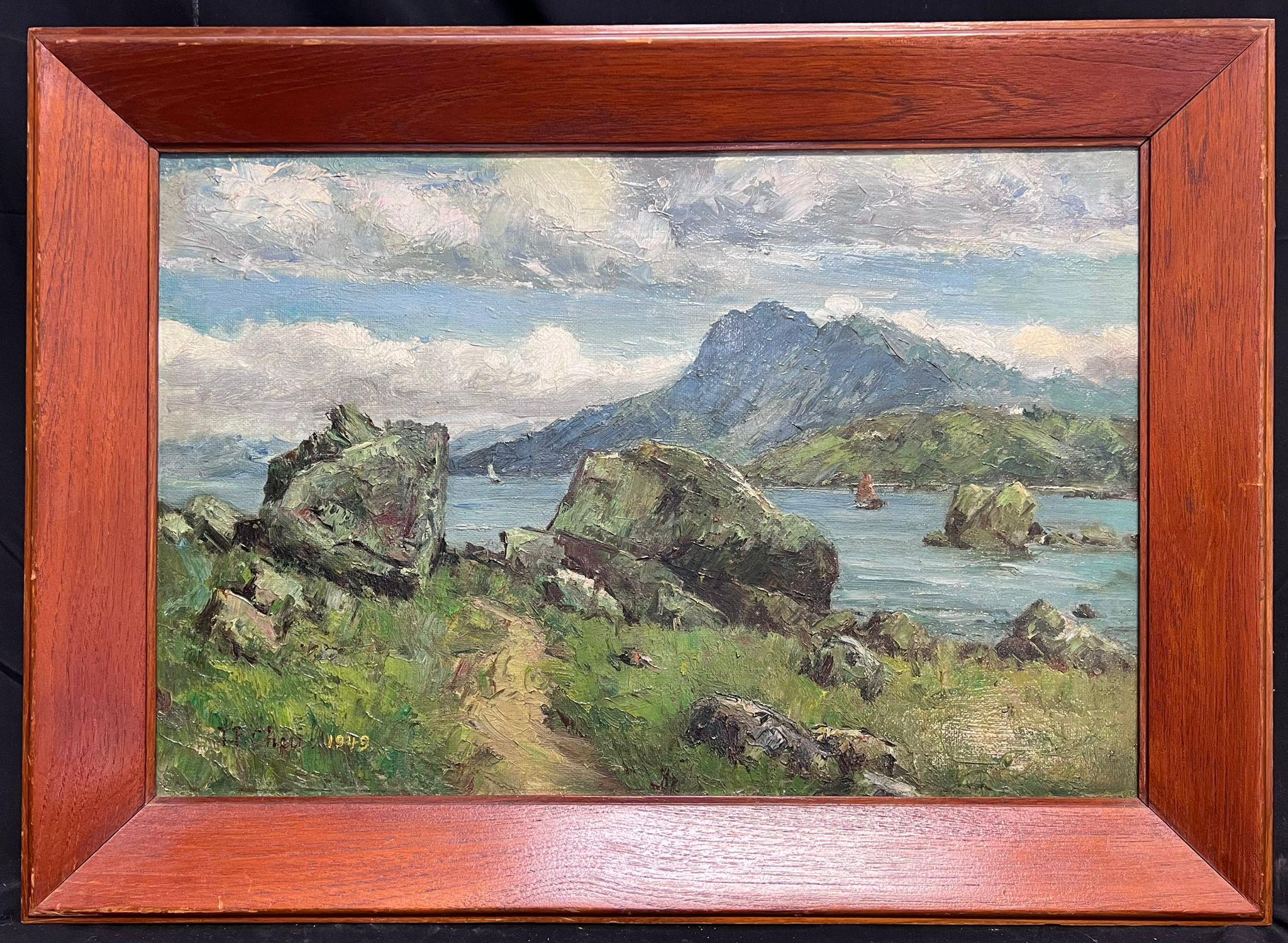 Pintura al óleo impresionista de paisajes costeros rocosos escoceses de 1940 - Painting de Scottish artist