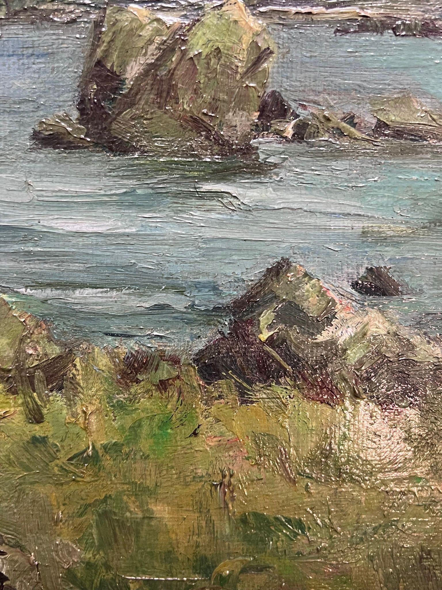 Pintura al óleo impresionista de paisajes costeros rocosos escoceses de 1940 4