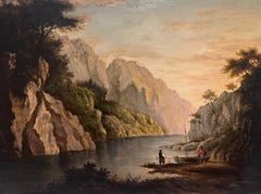 Early Victorian Scottish Oil Painting Figures in River Valley Landscape Sunrise