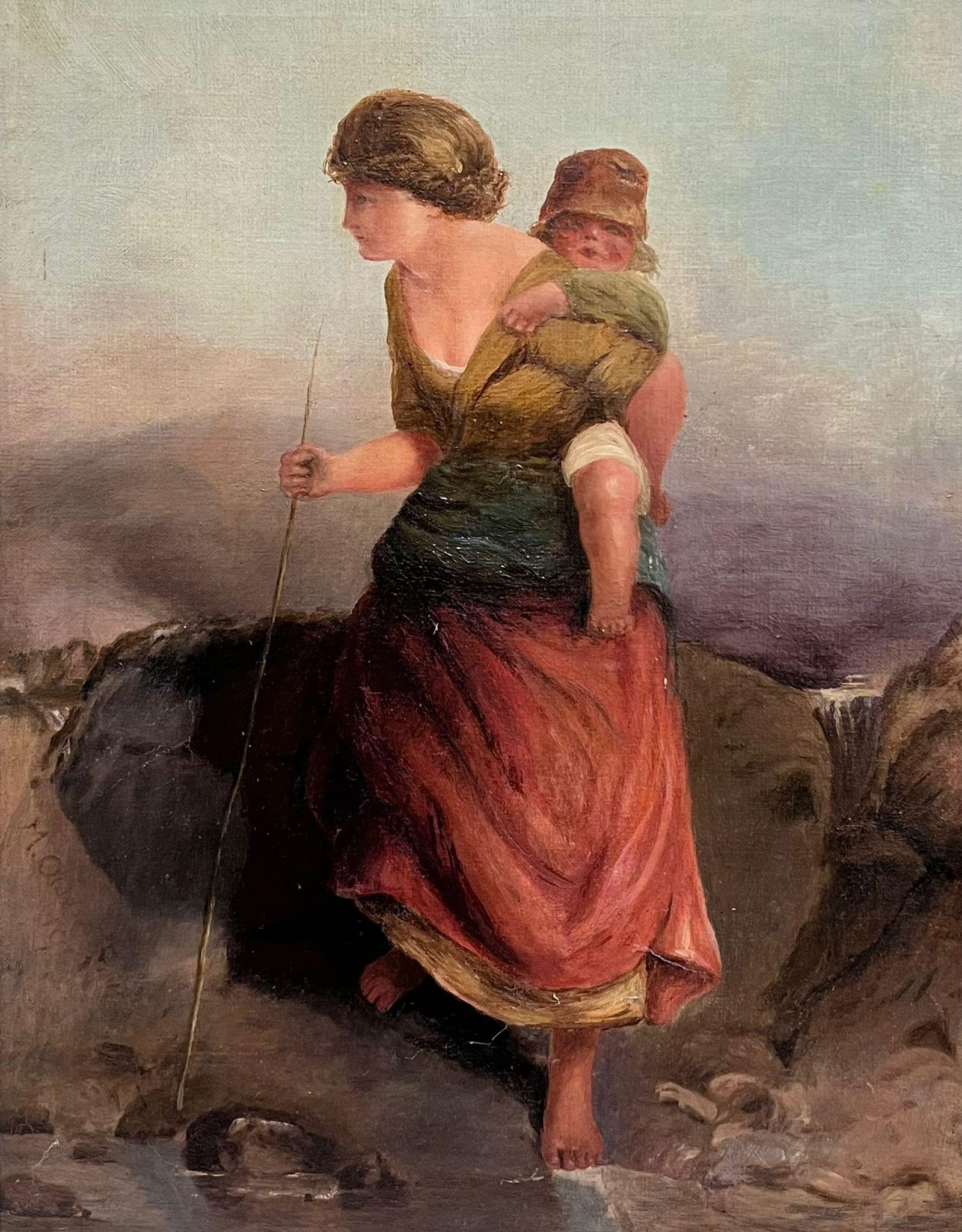 Raffinato dipinto a olio scozzese antico Mother & Child Walking Romantic Highland View - Painting di Scottish artist