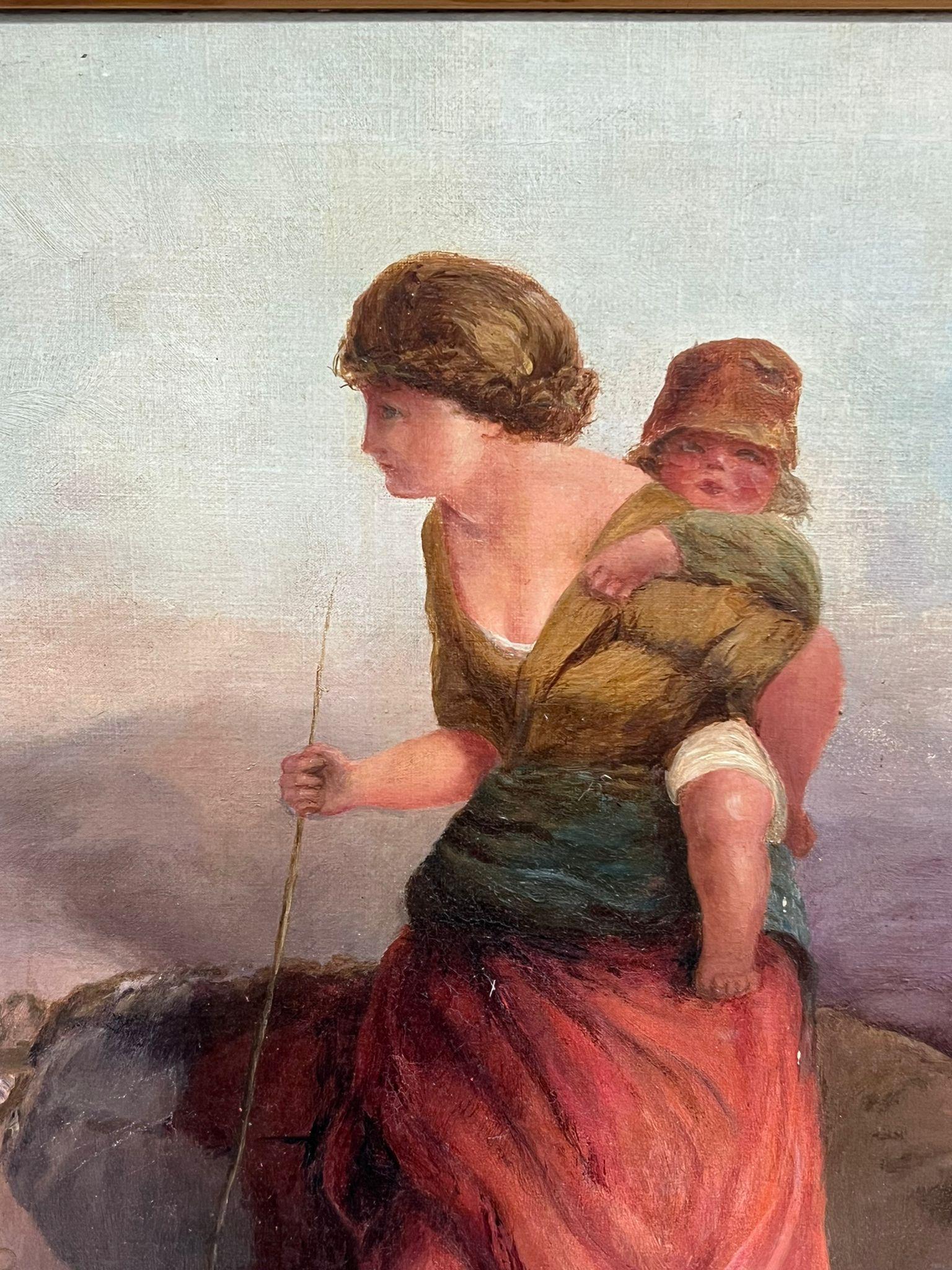 Raffinato dipinto a olio scozzese antico Mother & Child Walking Romantic Highland View in vendita 3