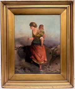 Fine Antique Scottish Oil Painting Mother & Child Walking Romantic Highland View