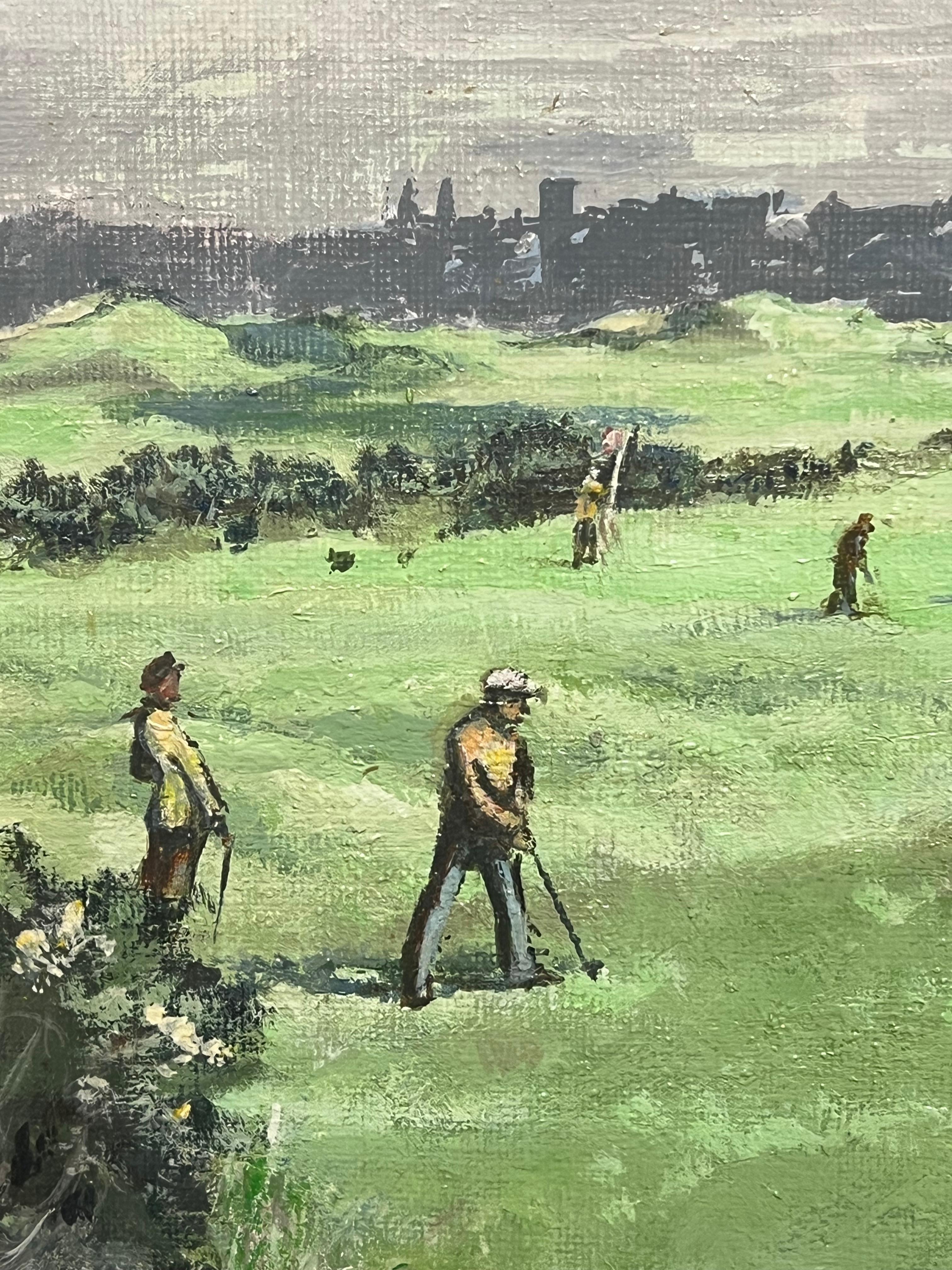 Campo de golf de St. Andrews Escocia Jugadores en el campo Pintura al óleo firmada - Landscape Painting Beige de Scottish artist