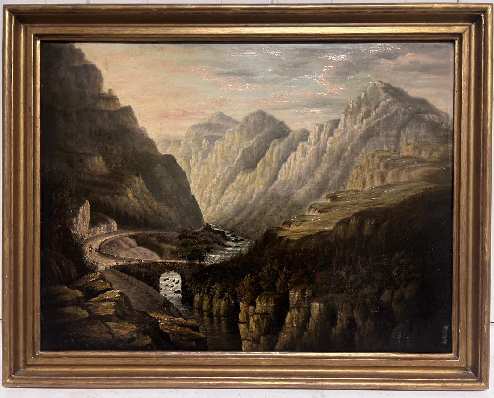 Metà del 19° secolo Drammatico olio scozzese Valle del fiume Paesaggio roccioso con ponte - Painting di Scottish artist