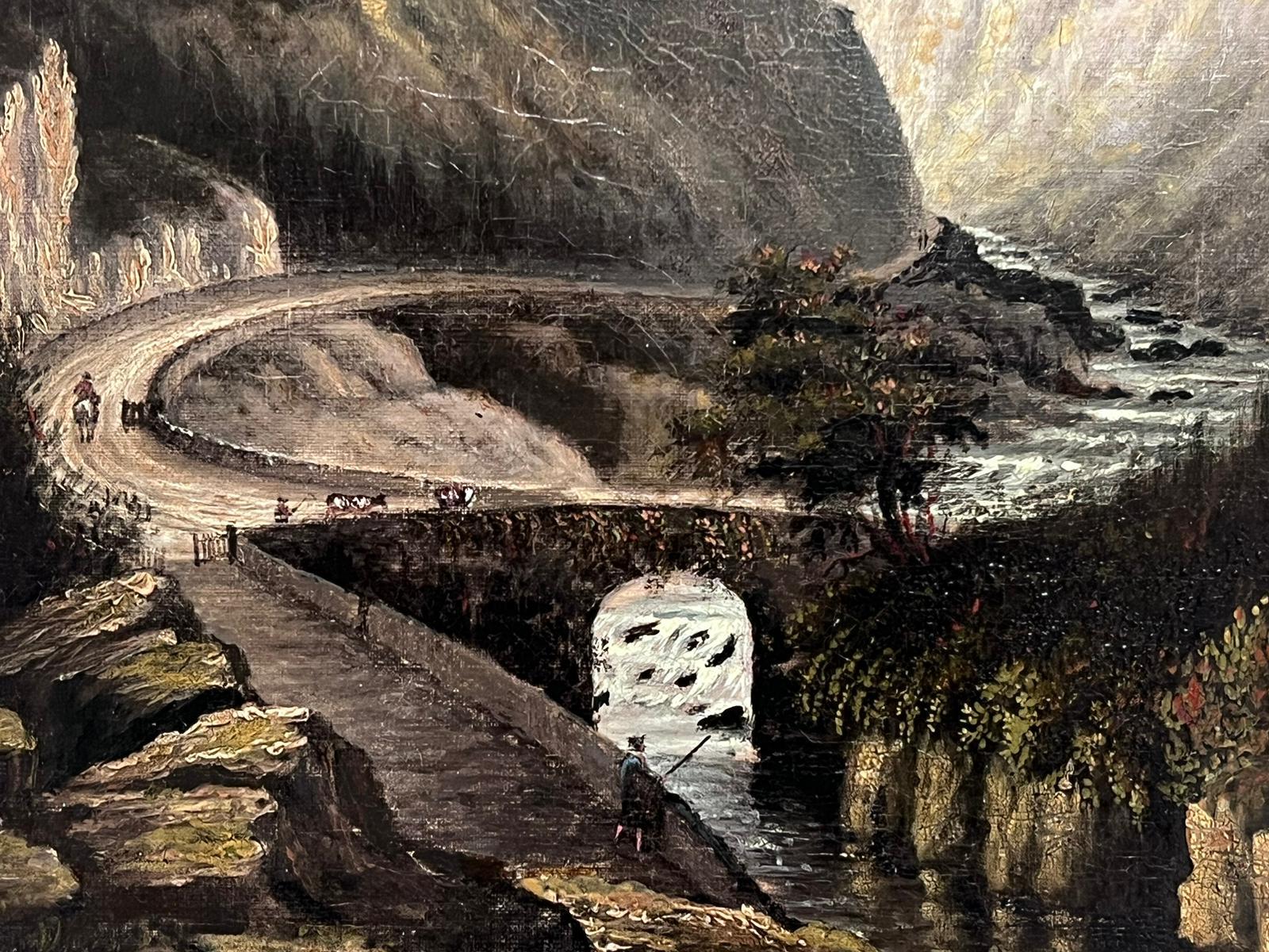 Metà del 19° secolo Drammatico olio scozzese Valle del fiume Paesaggio roccioso con ponte - Painting Vittoriano di Scottish artist