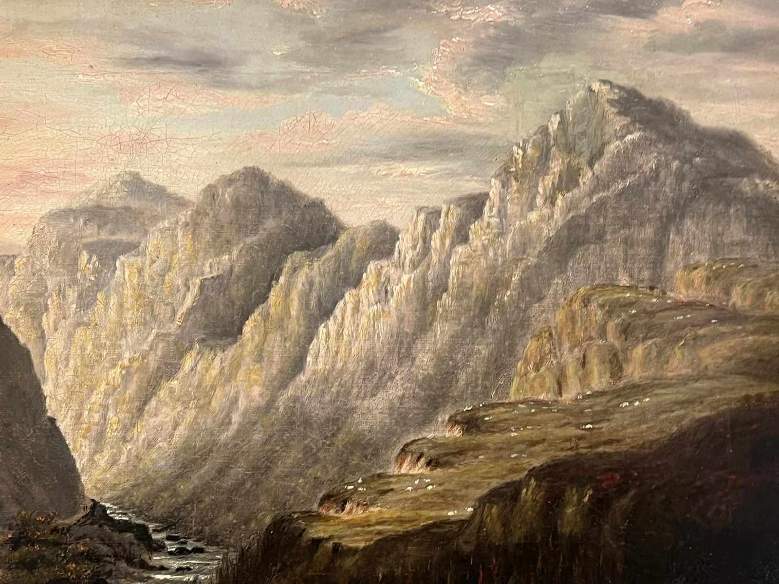 Metà del 19° secolo Drammatico olio scozzese Valle del fiume Paesaggio roccioso con ponte 2